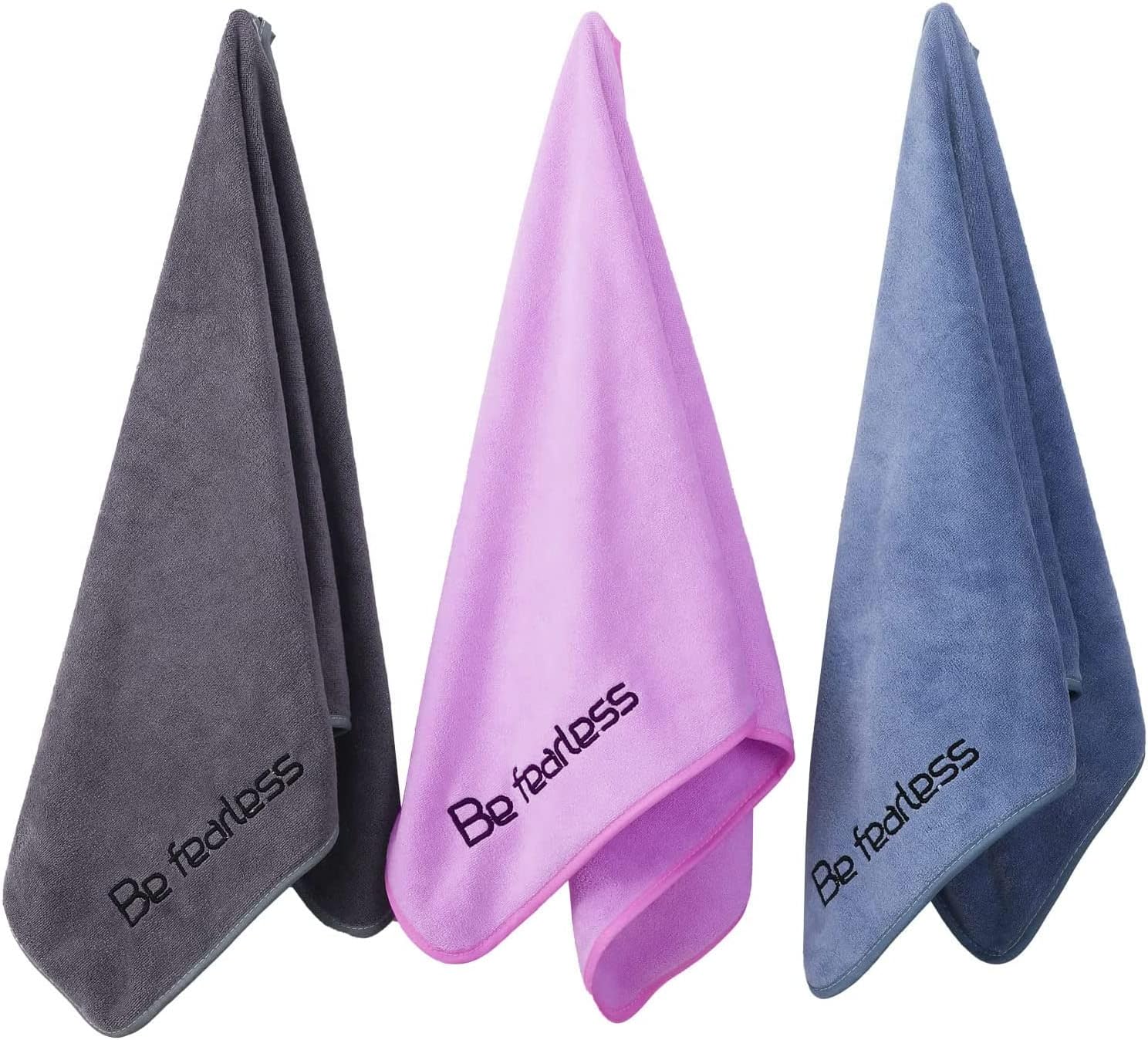 Microfiber Gym Towels for Exercise Fitness, Sports, Workout, 380-GSM 15-Inch x 31-Inch Bath Towels (3 Pack, Grey+Blue+Purple)