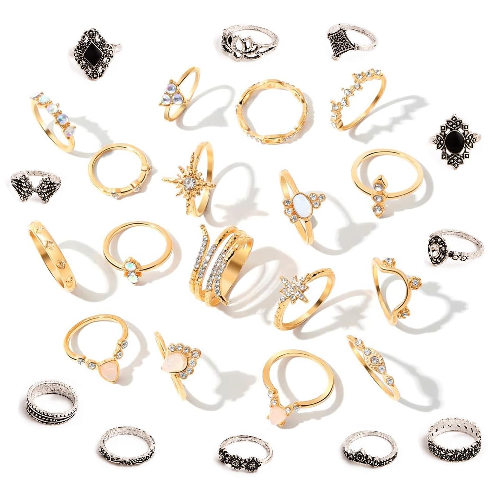 22 Pcs Boho Crystal Knuckle Stacking Rings Set,Gold Stackable Moon Star Knuckle Rings Set for Women Teen Girls, Boho Dainty Lightweight Stacking Rings, Vintage Midi Rings