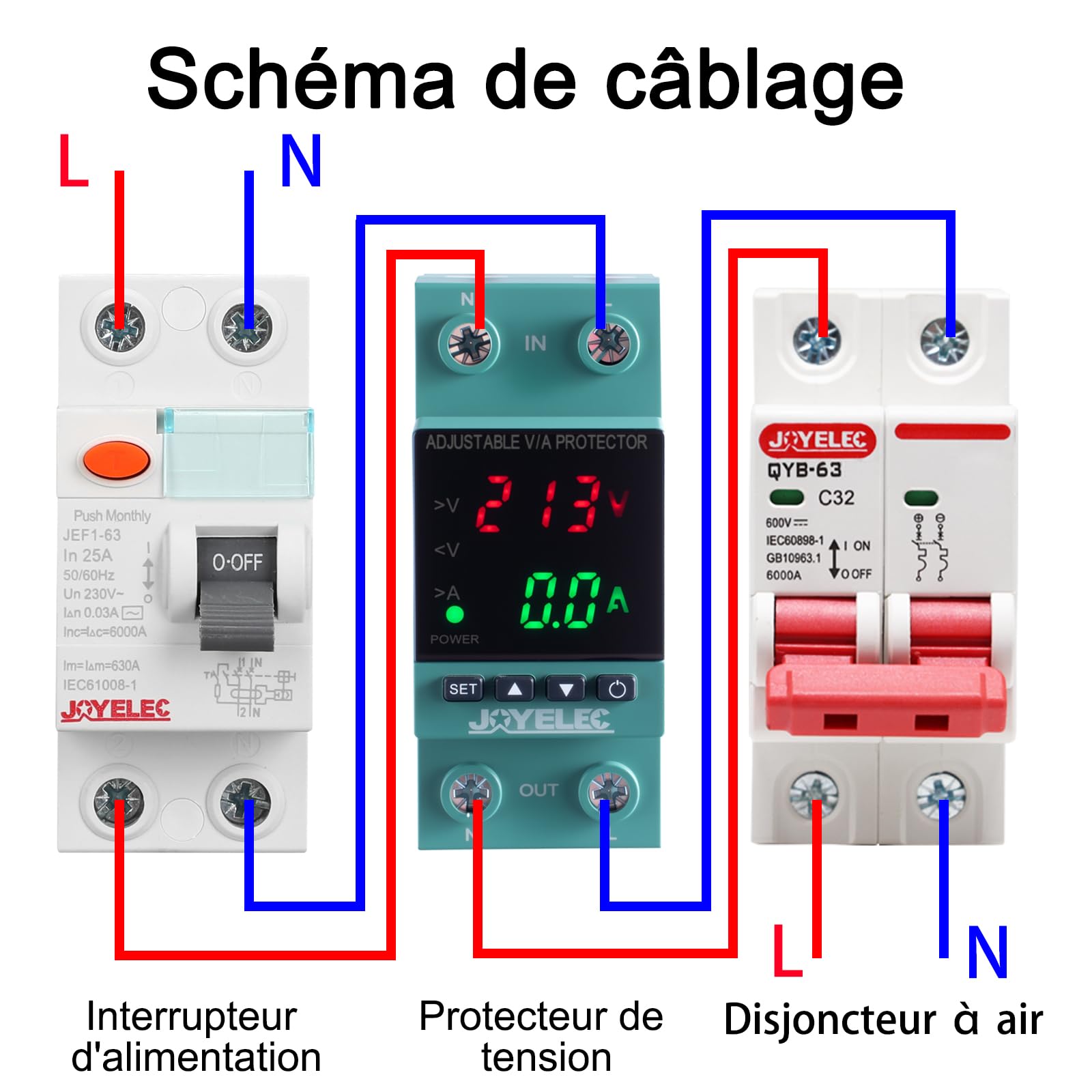 Protector de sobretensión y subtensión, estabilizador de voltaje, dispositivo de protección contra sobretensiones AC230V, relé de reinicio ajustable, voltímetro 63A, protección