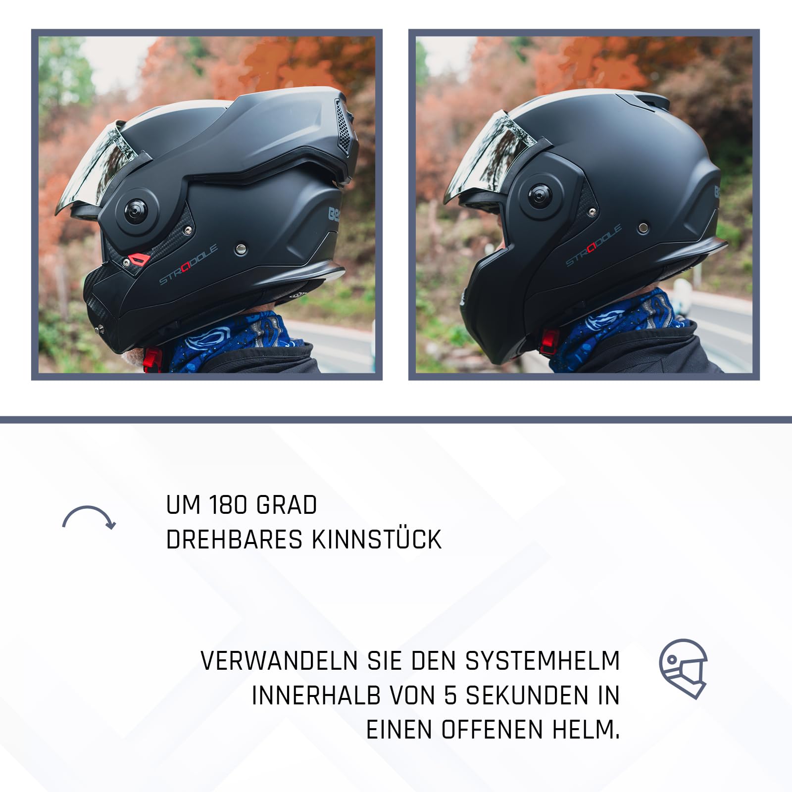 BEON Stradale Motorradhelm Klapphelm – Systemhelm mit Visier & Sonnenblende, 180° Flip-Up Integralhelm für Damen & Herren, Roller- & Motorradhelm