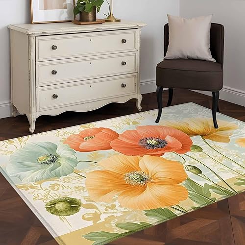 Miniatura 5 de 3x5 Area Rugs, Retro Spring Floral Non-Skid Rubber Backing Large Rectangle Rugs - Living Room Bedroom Home Office, Watercolor Farmhouse Summer