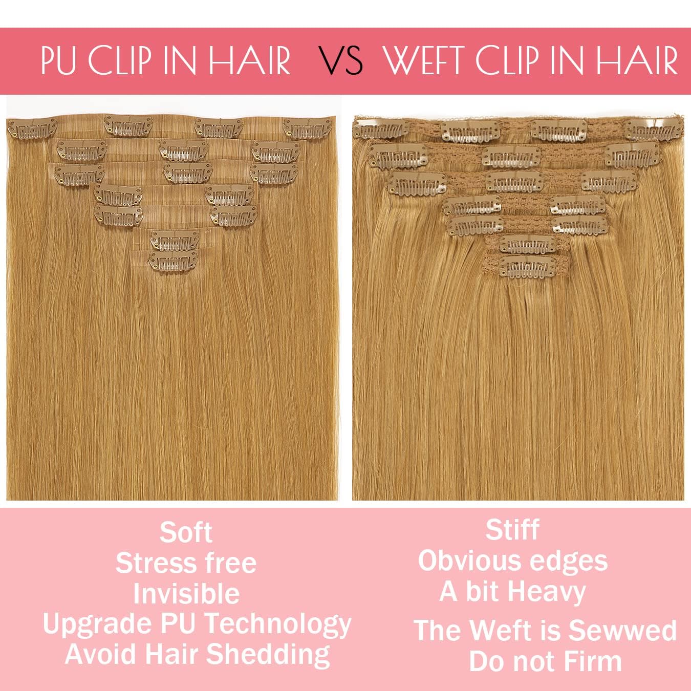 Loxxy Seamless Hair Extensions Clip in Human Hair Blonde 16Inch Thick Full Head Clip on Hair Extensions Remy Human Hair Color 27 Caramel Blonde Natural Real Hair Clip in Extensions For Women 110g 7pcs