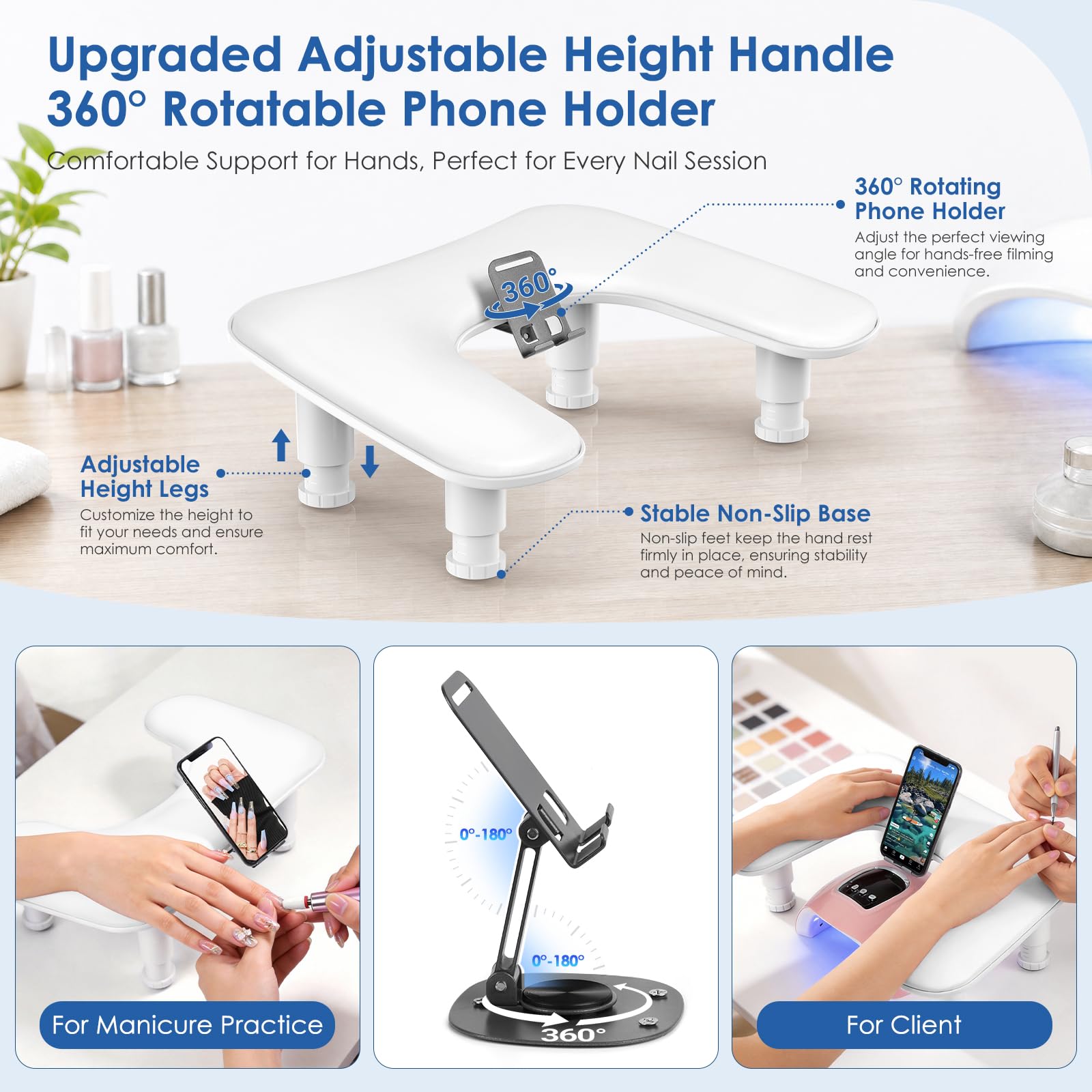 Reposa Manos para Manicura: Altura Ajustable Reposabrazos Manicura con Soporte Para Teléfono - Cómoda Funda de Piel Sintética PU Reposa Manos para Manicura para Hogar Salón - Blanco