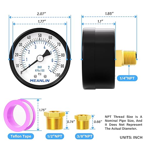 Miniatura 9 de MEANLIN MEASURE Manómetro de presión de bomba de pozo NPT de 0-100 Psi con cara de dial de 2 pulgadas, con buje hexagonal NPT de 14 "x 12" y buje