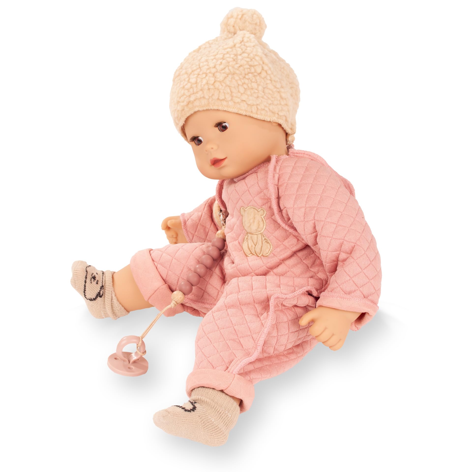 Götz 2627972 Maxy Muffin Bärig Puppe 42 cm Babypuppe braune Schlafaugen | 7-tlg, ohne Haare, Weichkörper, für Kinder ab 3 Jahren, waschbar, mit Schnuller, Plüschmütze und Strümpfchen
