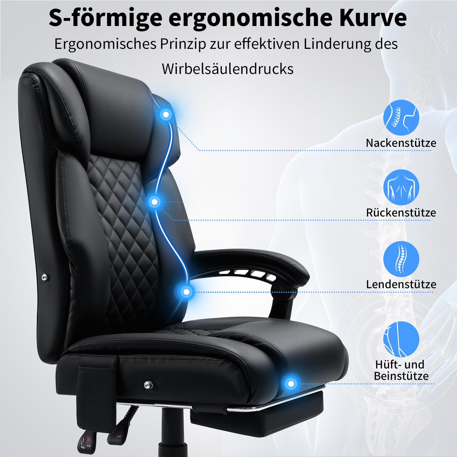 HOFFREE Ergonomisch Bürostuhl mit Massagefunktion und Heizfunktion Chefsessel Leder mit Fußstütze, Höhenverstellbar, Verstellbare Rückenlehne, Massagesessel für Büro & Home Office, Schwarz