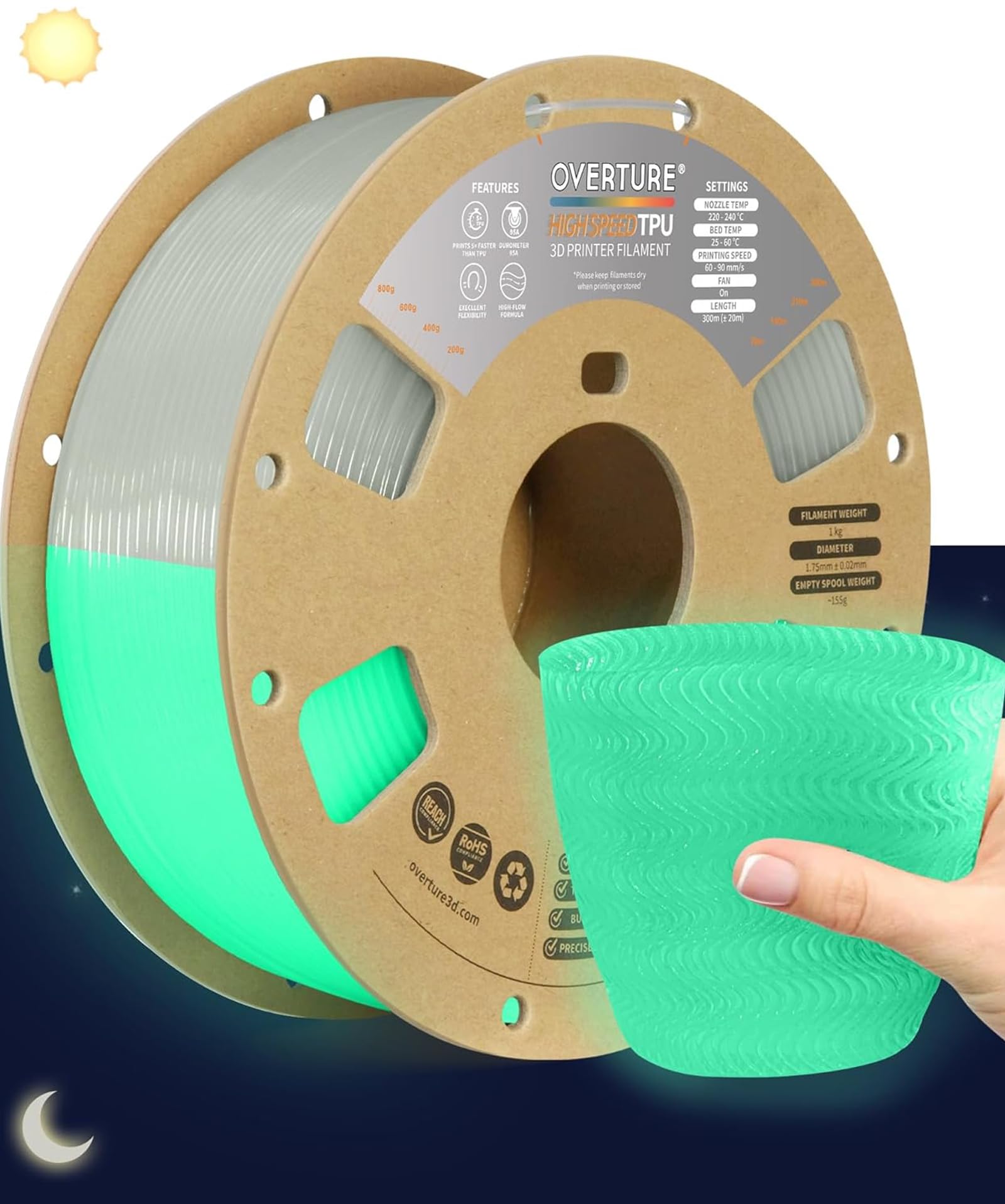OVERTURE TPU Filamento 1,75 mm per Stampante 3D ad alta velocità Flessibile High Speed TPU 1kg(2.2lbs), Precisione Dimensionale +/- 0.02 mm (Luminous Verde)