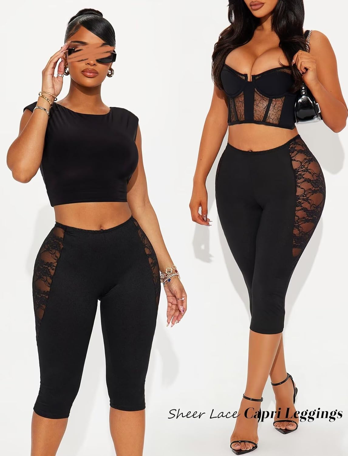 TZLDN Lace Capri Leggings for Women Dressy Sexy Sheer Going Out Bottoms 3/4 Knee Length Skinny Cropped Casual Pants - Image 5