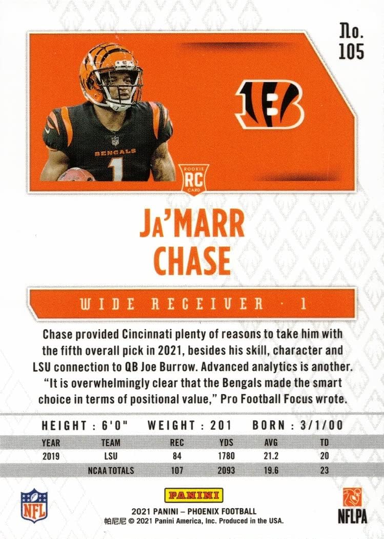 2021 Panini Phoenix Fire Burst Football #105 Ja'Marr Chase Rookie Card