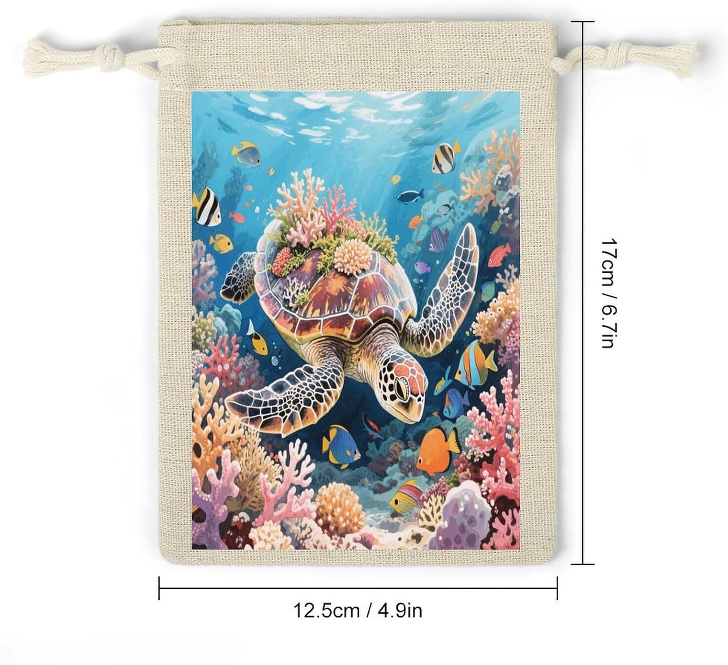 Swimming Turtle in Coral Reef Drawstring Bag Fashionable Cinch Bags Bunches Pocket Set of Eight Multipurpose Drawstring Storage Bags for Daily Storage Kitchen Dressing Table