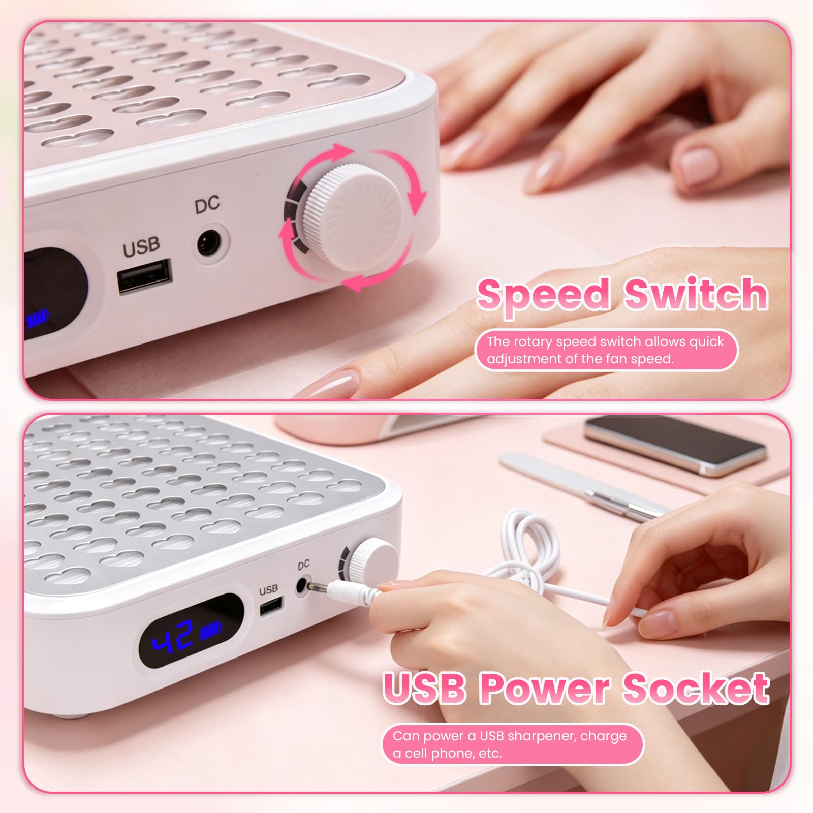 Aspirador Uñas Profesional 56w, Con Salida USB Y Pantalla LED, Succión Ajustable, Filtro Reutilizable, Adecuado Para Manicura Y Pedicura, Blanco