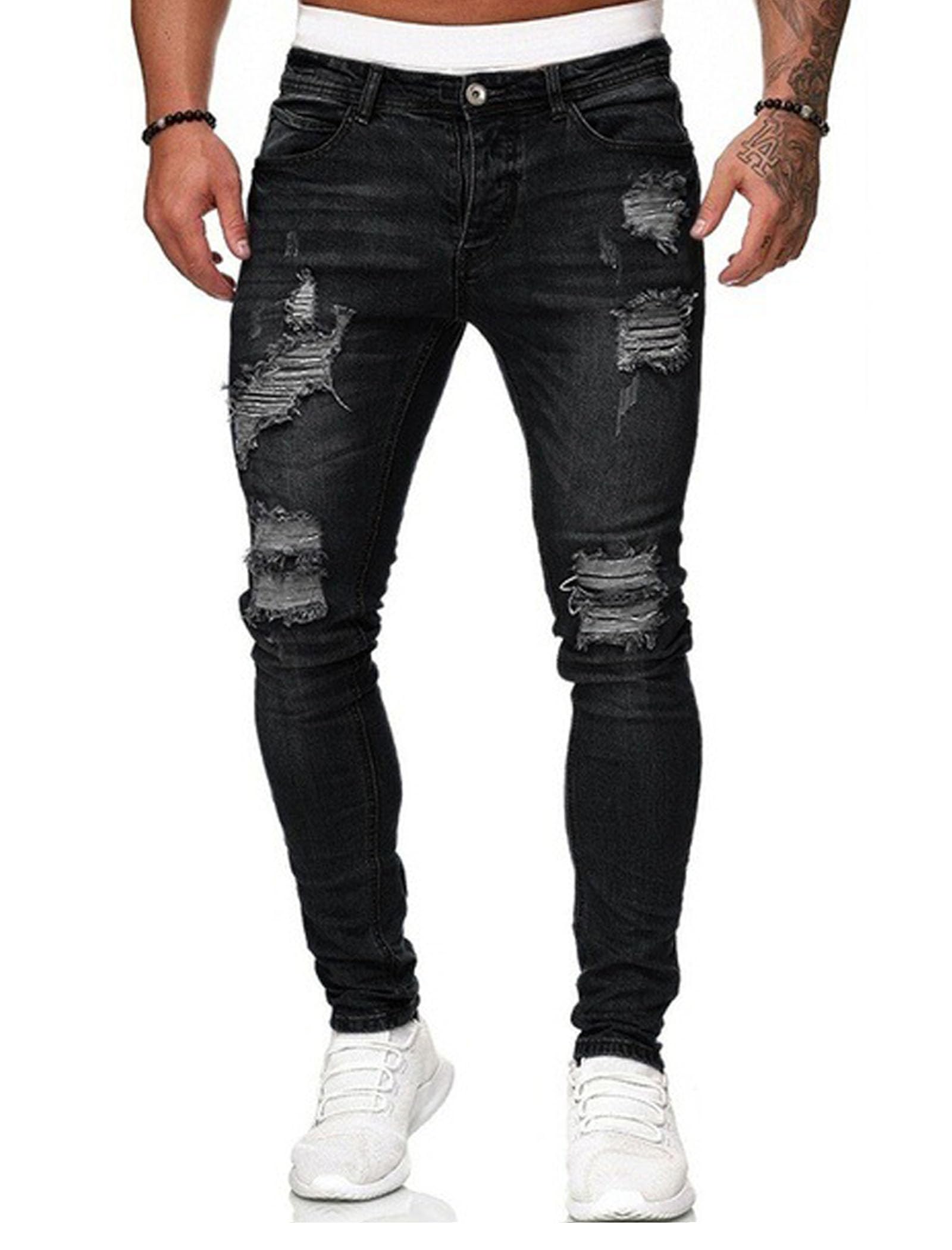Men's Blue Slim Fit Jeans Stretch Destroyed Ripped Skinny Jeans Side Striped Denim Pants
