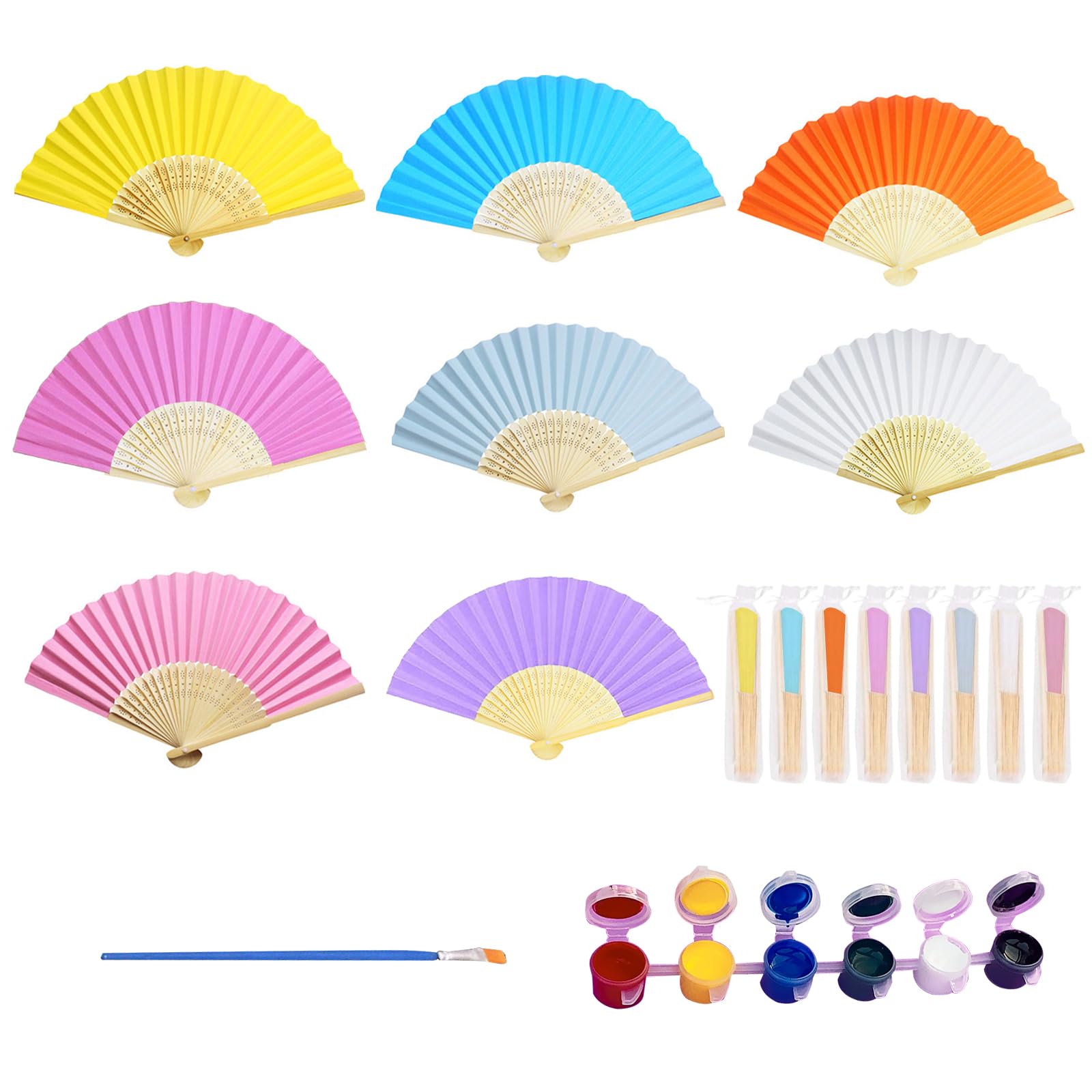 Cjytdkj Handheld Paper Fan, 8pcs Fans, 8 Mesh Bags, Pigments, Paintbrush