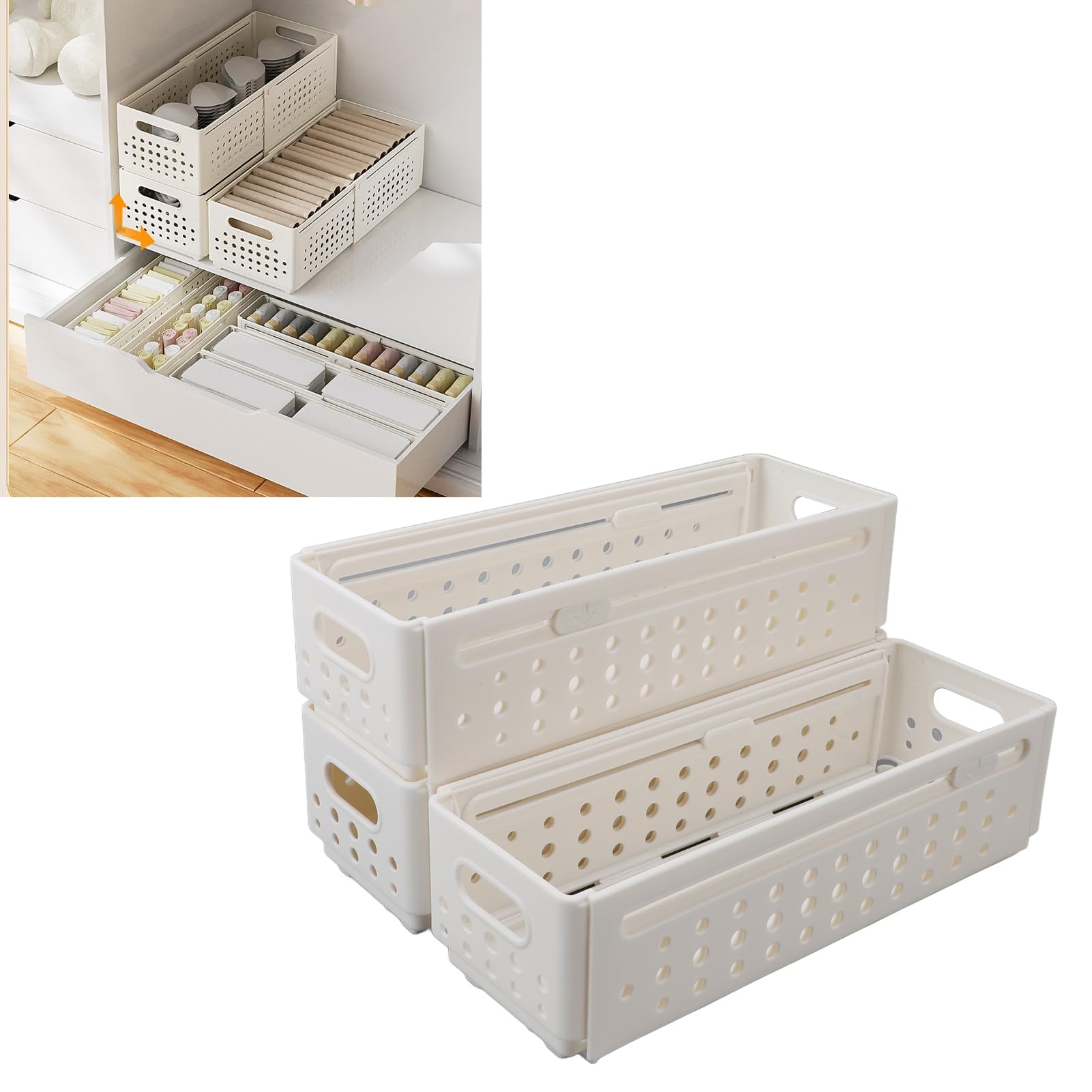 3pcs contenedores de almacenamiento retráctiles expandibles, organizador de ahorro de espacio apilable con manijas, cajas de almacenamiento multifuncionales para el baño (Grande)