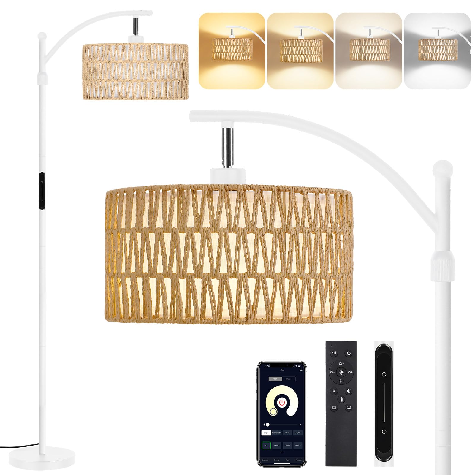 OUTON Floor Lamp with Rattan & Linen Double Shades, 12W 1080LM, Height Adjustable, Touch Control & Remote & App Control, Dimmable & 3000K-6500K, LED Tall Boho Standing Lamp for Living Room, Bedroom
