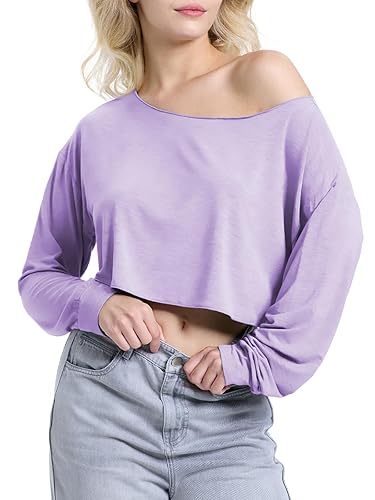 Blocac Off Shoulder Crop Top for Women Workout Gym Dance Top Spring Summer Top Boat Neck Loose Casual Long Sleeve T Shirt - Large - Light Purple