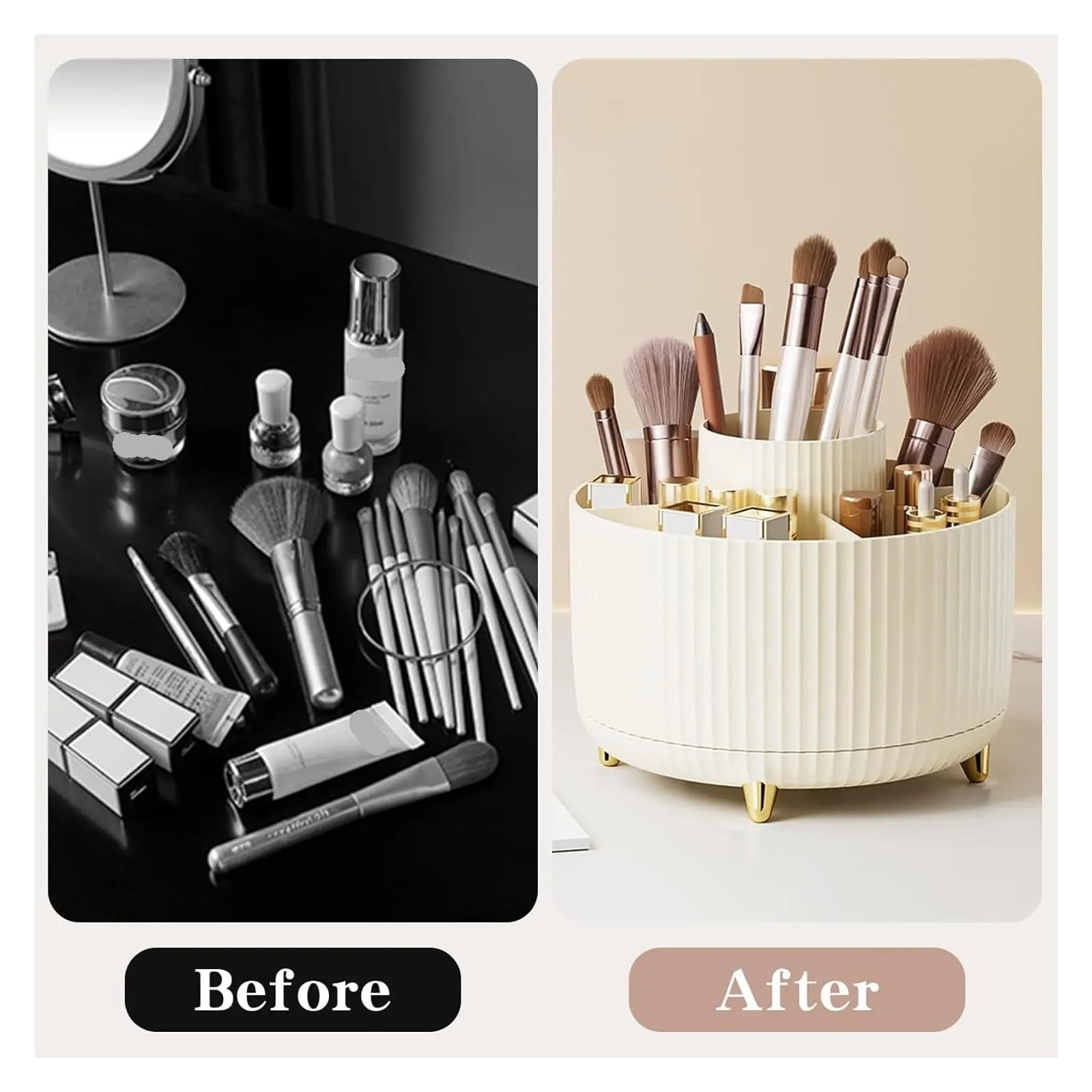 Organizzatore for pennelli da Trucco, Girevole a 360°, Organizer for Cosmetici, 5 Scomparti, Porta pennelli da Trucco, portaoggetti da scrivania for Bagno per cassettiera, Bagno(Cream)
