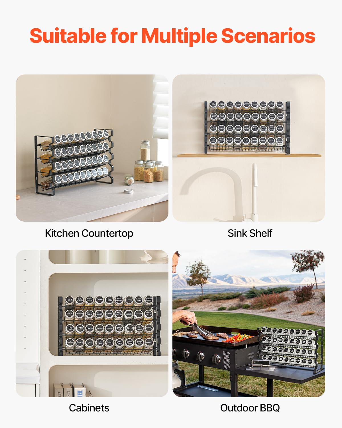 VEVOR 4-stöckiges Gewürzregal Gewürzhalter mit 36 leeren Gewürzgläser & Gestell & Gewürzetiketten & Trichter-Komplettset, Gewürz-Organizer für Küchen Schrank Speisekammer (463 x 118 x 282 mm)