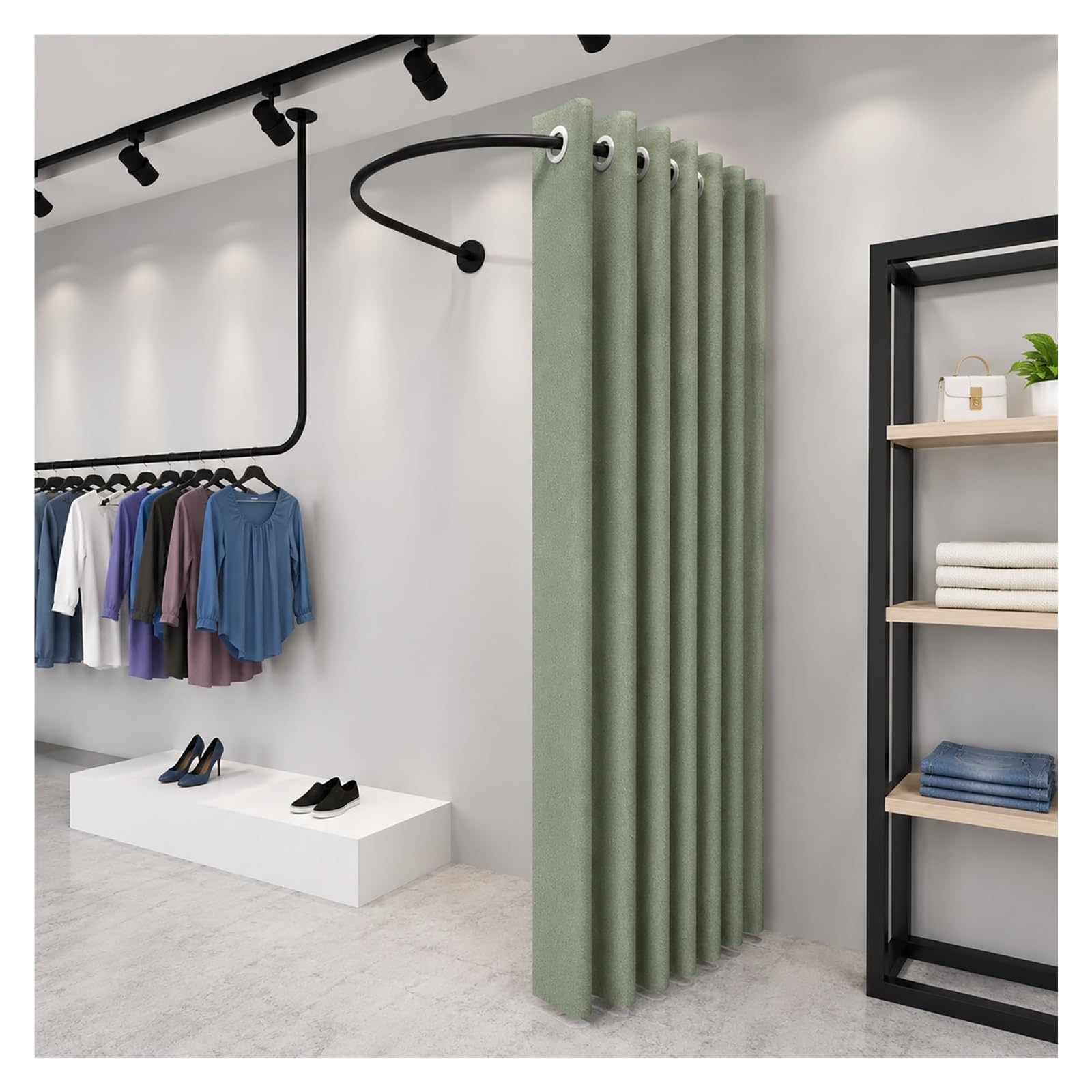 ZJKXJH U Shaped Fitting Room Curtain, Wall Mounted Changing Area Curtain for Bedroom/Mall/Office, Corner Privacy Partition Drapes for Privacy Protection(With Green Curtains,110cm/43.3in)