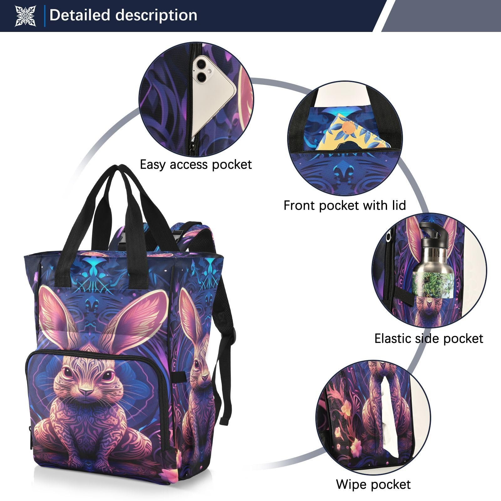 Conejo Espacio Abstracto Azul Mochilas de Pañales para Gran Capacidad Pañal Bolso Mochila para Viajar al Aire Libre Mamá y Papá