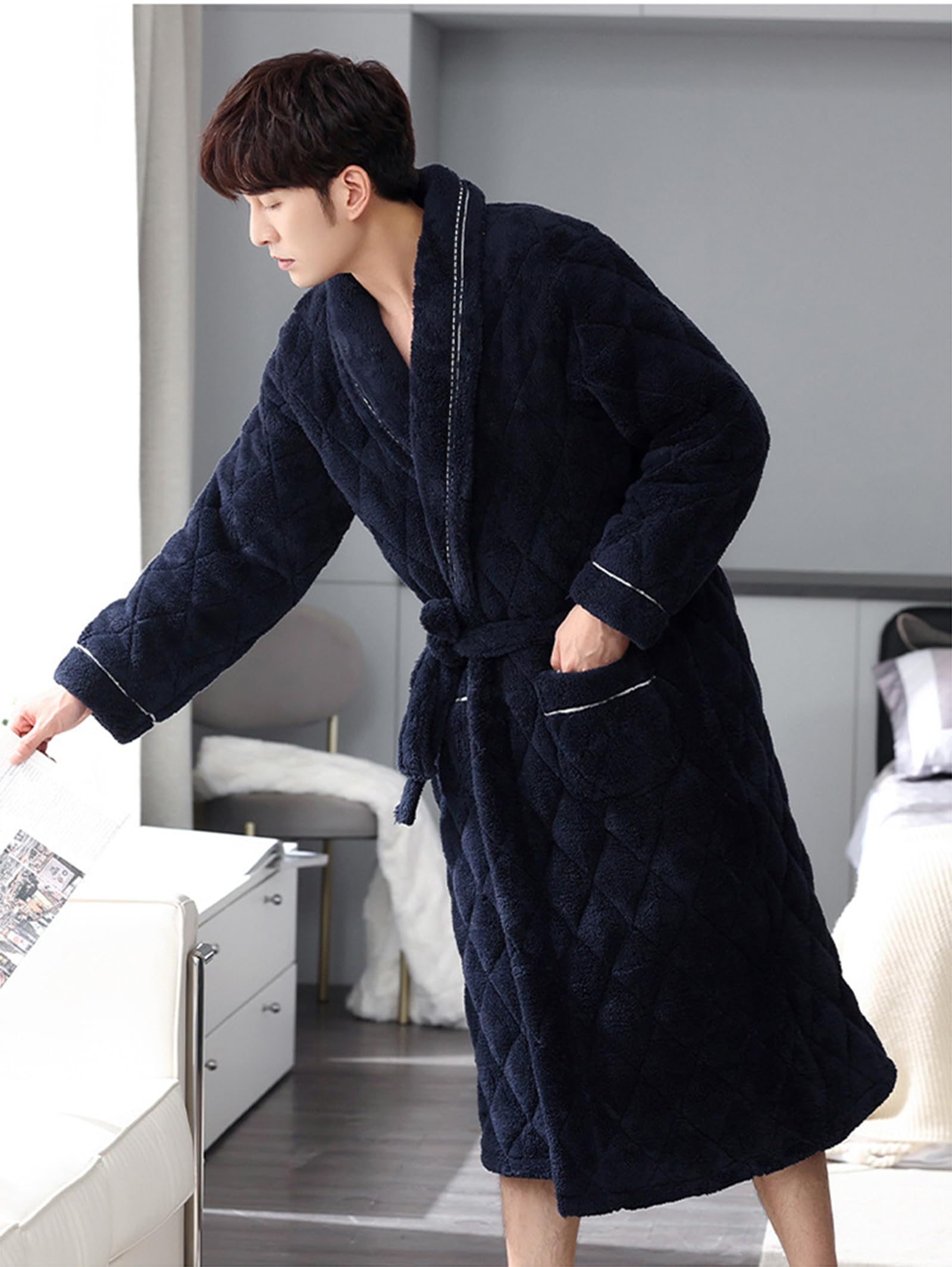 Bademantel für Herren, Herren-Fleecebademantel mit Taschen, Marineblau, Größen L bis 3XL