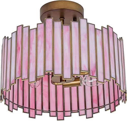 Miniatura 10 de Lámpara de techo negra en forma de tambor, lámpara Tiffany moderna de montaje semiempotrado de 12.5 pulgadas con vidrio blanco, luz colgante redonda