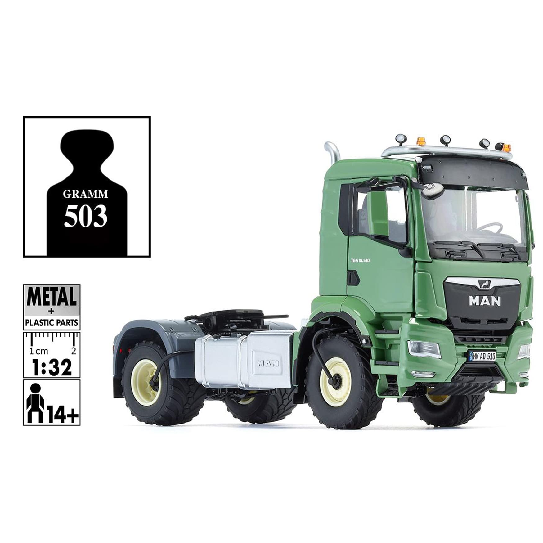 Wiking 077650 MAN TGS 18.510 4x4 BL 2-Achs Zugmaschine, Modell-LKW, 1:32, Metall/Kunststoff, Ab 14 Jahre, Viele Funktionen, Inkl. Reifendruck-Regelanlage, Schwenkbarer Kühlergrill, Grün (Ackerdiesel)