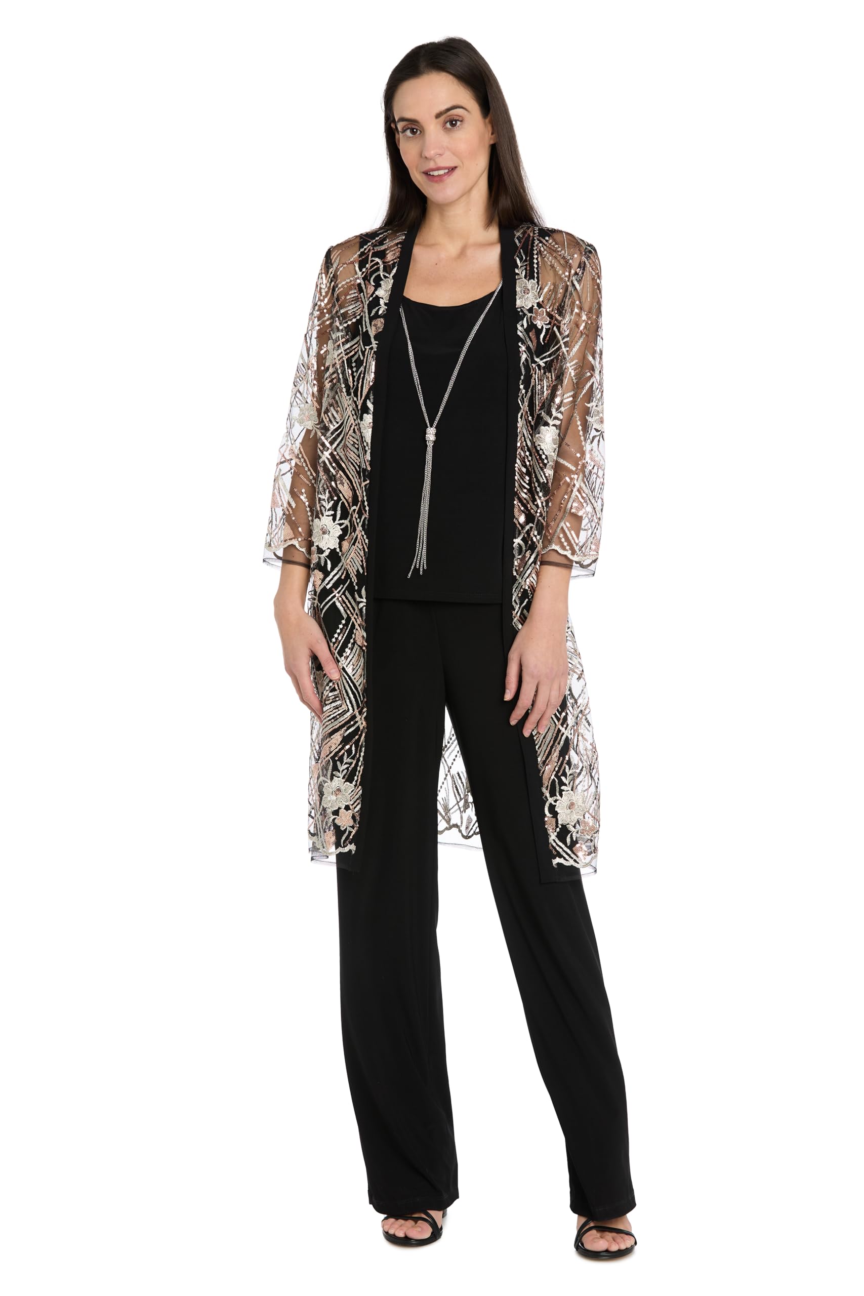 R M Richards Womens 3-Piece Beaded Duster Pantsuit W Sequin Embroidered Jacket Necklace