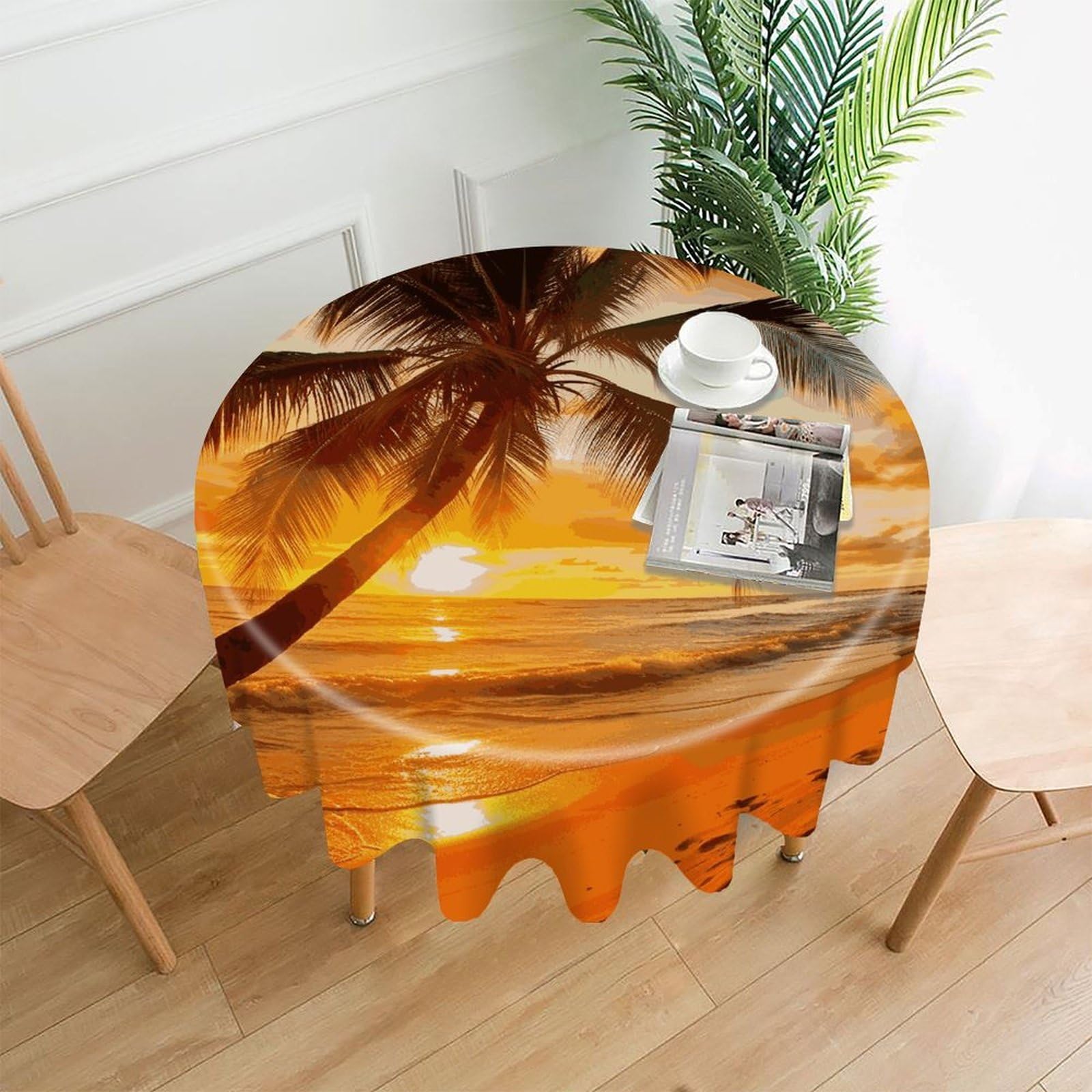 FekiLoot Tropical Beach Palm Tree Sunset Round Tablecloth Cover 60 Inch Wrinkle Free Washable Polyester Fabric Table Cover Decorative Round Table Cloth for Home Dining Kitchen Party Farmhouse