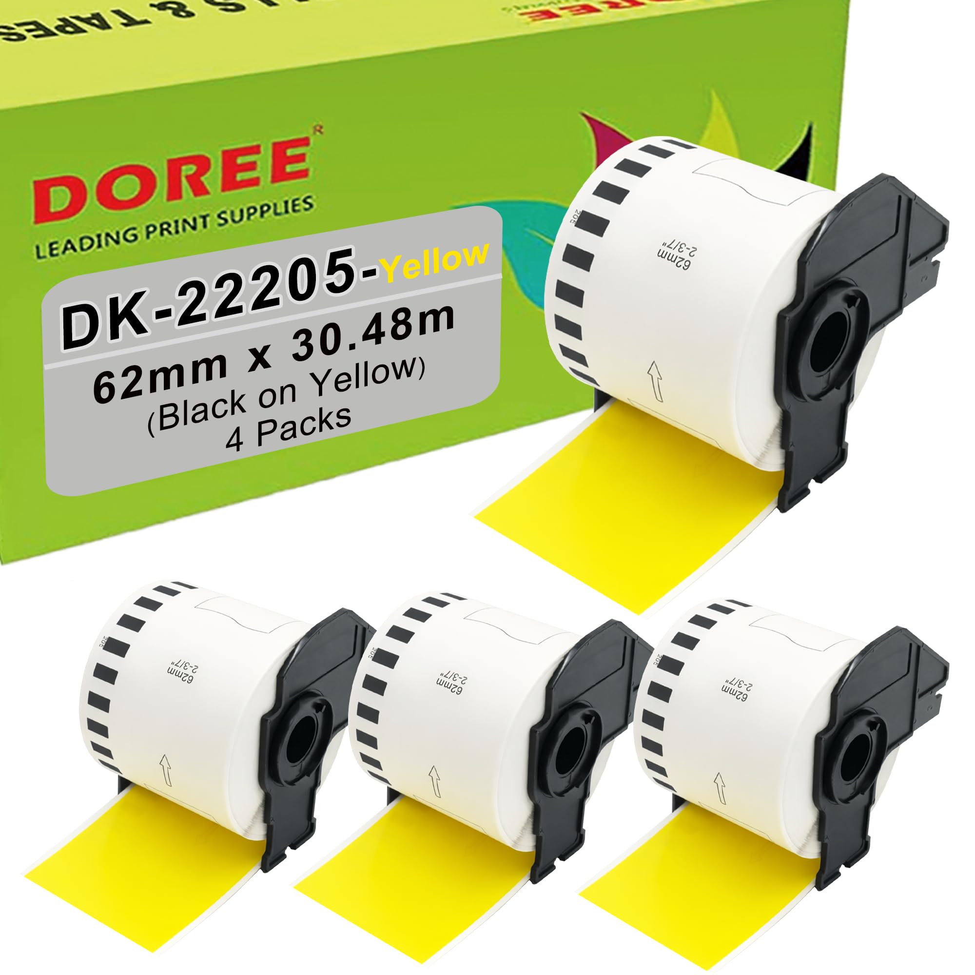 DOREE 4 Rollen DK-22205 gelbe Endlosetiketten, kompatibel mit Brother DK-22205, 62 mm x 30,48 m, geeignet für Brother QL-500, QL-550, QL-570, QL-580N, QL-700, QL-800, QL-1060N, QL-1100