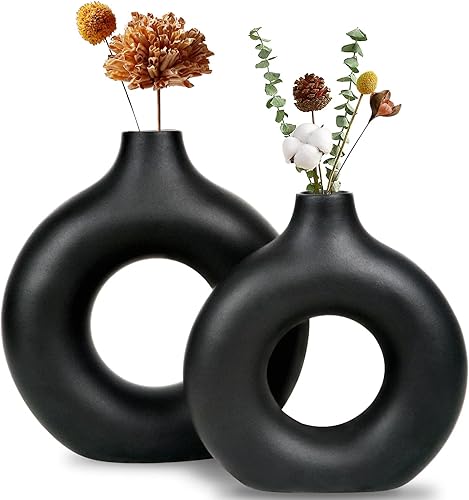 Jarrón de cerámica negra, jarrón moderno para decoración minimalista, jarrones de flores de pampa mate redondos huecos para decoración bohemia para