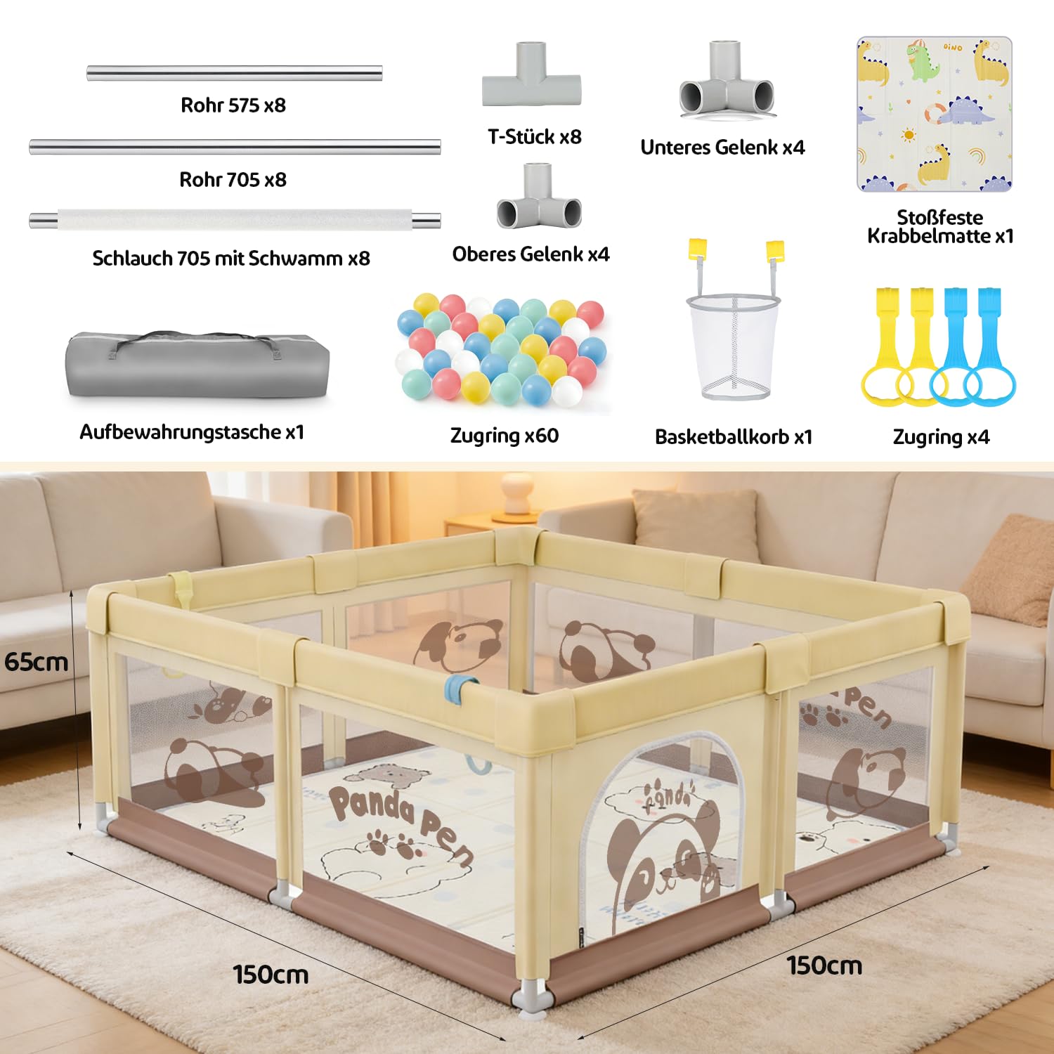Parque infantil para bebé con alfombra de juegos, parque infantil para bebés y niños pequeños con colchón, parque infantil estable y seguro (panda, beige-panda, 150 x 150 cm)