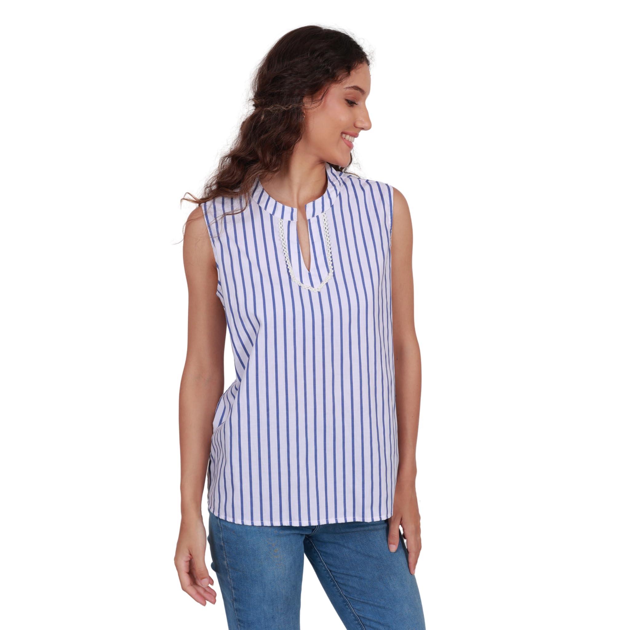 modyne Women’s Sleeveless Cotton Tunic Top | Blue & White Striped Pattern | Casual & Stylish Summer Top-picture-39