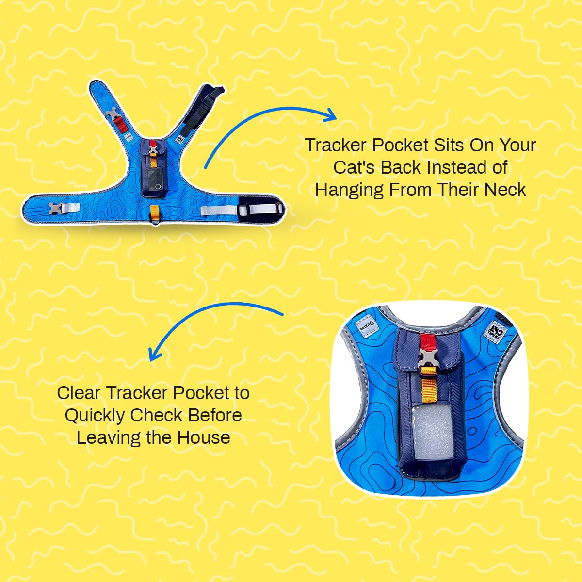 Travel CAT The Pathfinder - Arnés para gatos con bolsillo para rastreador GPS, alimentado por Tractive Cat a prueba de escapes, arnés a prueba de escape para gatos pequeños y grandes (azul, pequeño)
