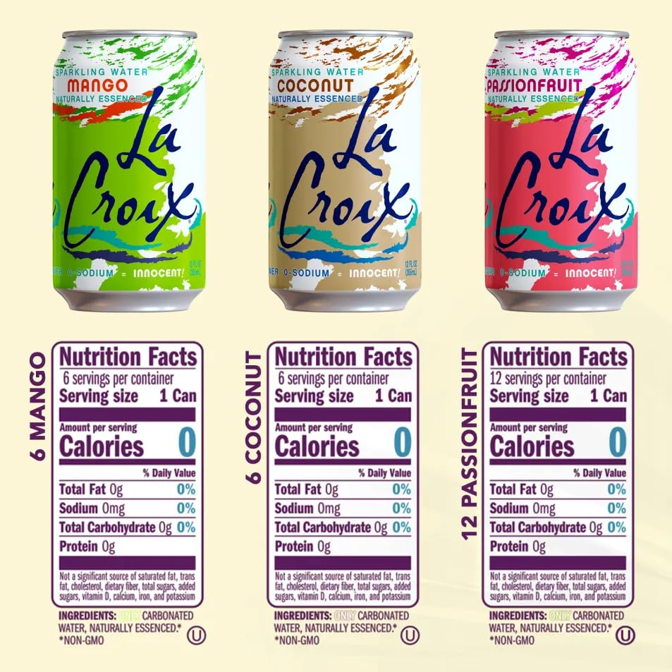 LaCroix Sparkling Water Tropical Variety Pack | 24-Pack of 12oz Cans | 6x Mango | 6x Coconut | 12x Passionfruit