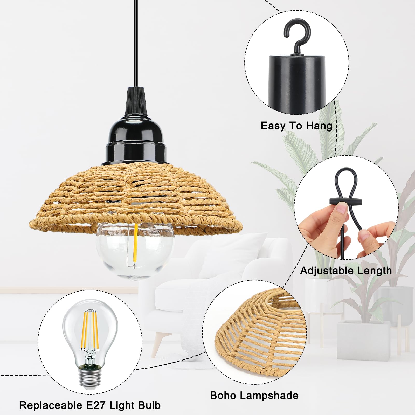 Suspension Luminaire Rotin Exterieur Intérieur Dimmable Batterie Télécommande IP65 Portable Minuterie Jardin Camping Étanche