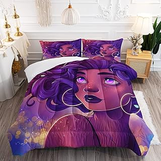 Suncloris African American Black Girl Comforter Set for Kids and Adults, Queen Size Purple Hair Woman Bedding Comforter with 2 Fashion Black Girl Patterned Pillowcases - 90