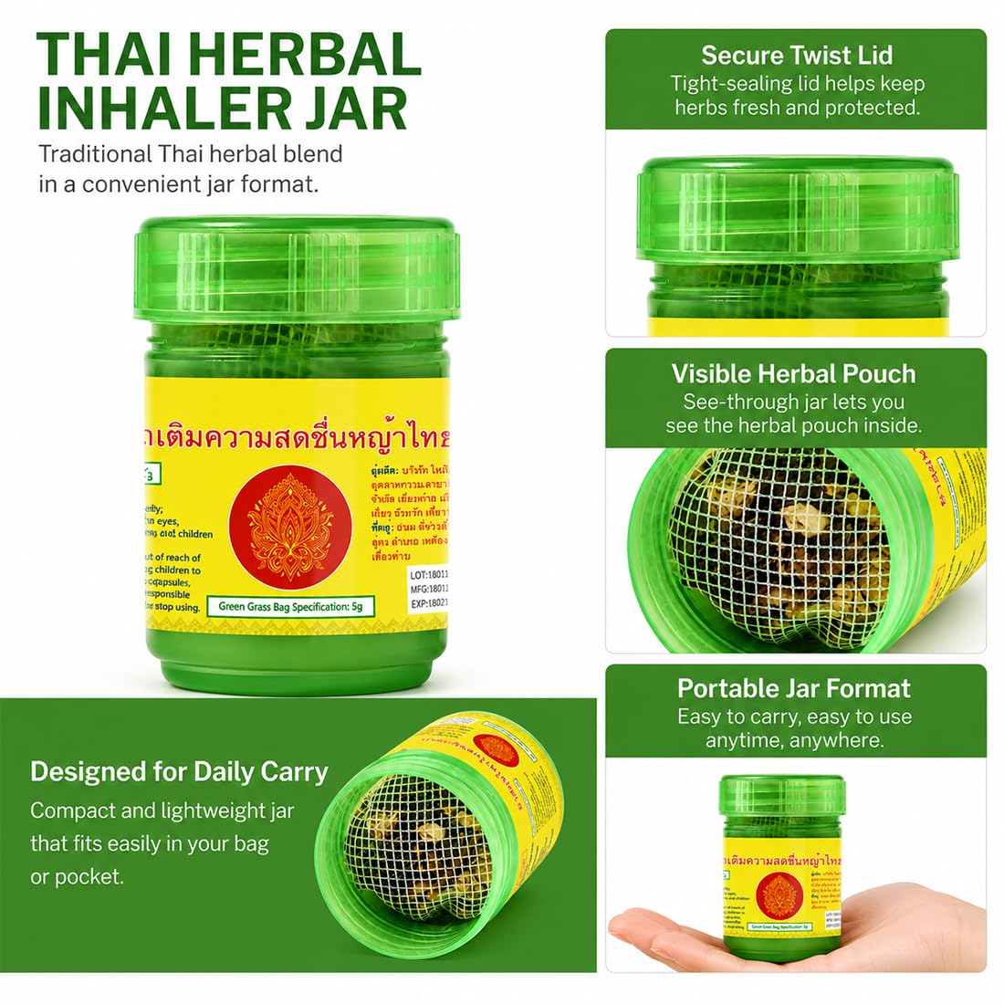 2 Pezzi Inalatore Thailandese, Inalatore a base di erbe Bottiglia verde, Ideale per la casa, l'ufficio o i viaggi
