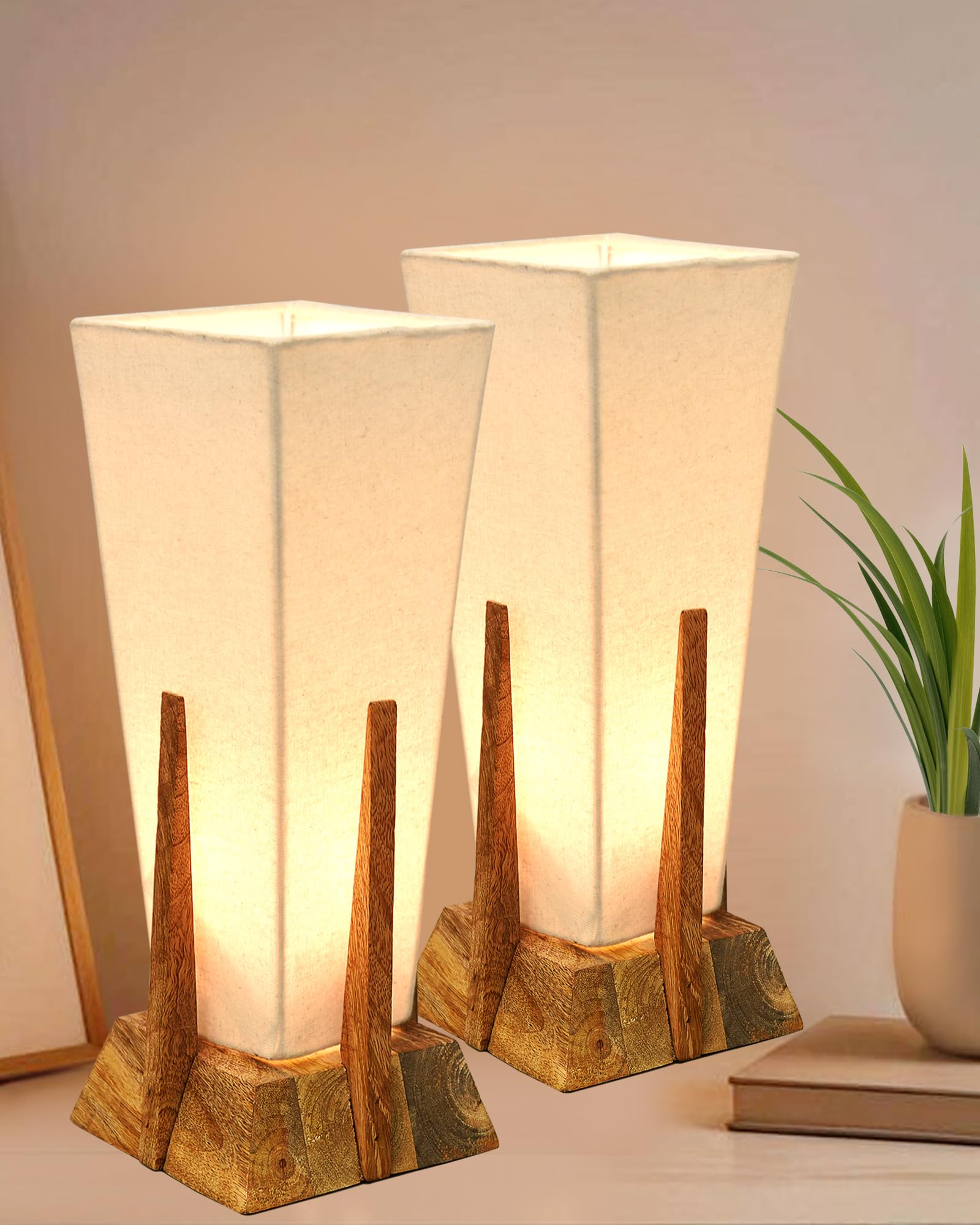 Homesake Bedside Table Lamp, Retro Style Mango Natural Wood Pyramid Table Lamp with Beige Fabric Shade, Nightstand Mini Desk Lamps for Bedroom, Living Room, Baby Room, Bookcase (Natural Set of 2)
