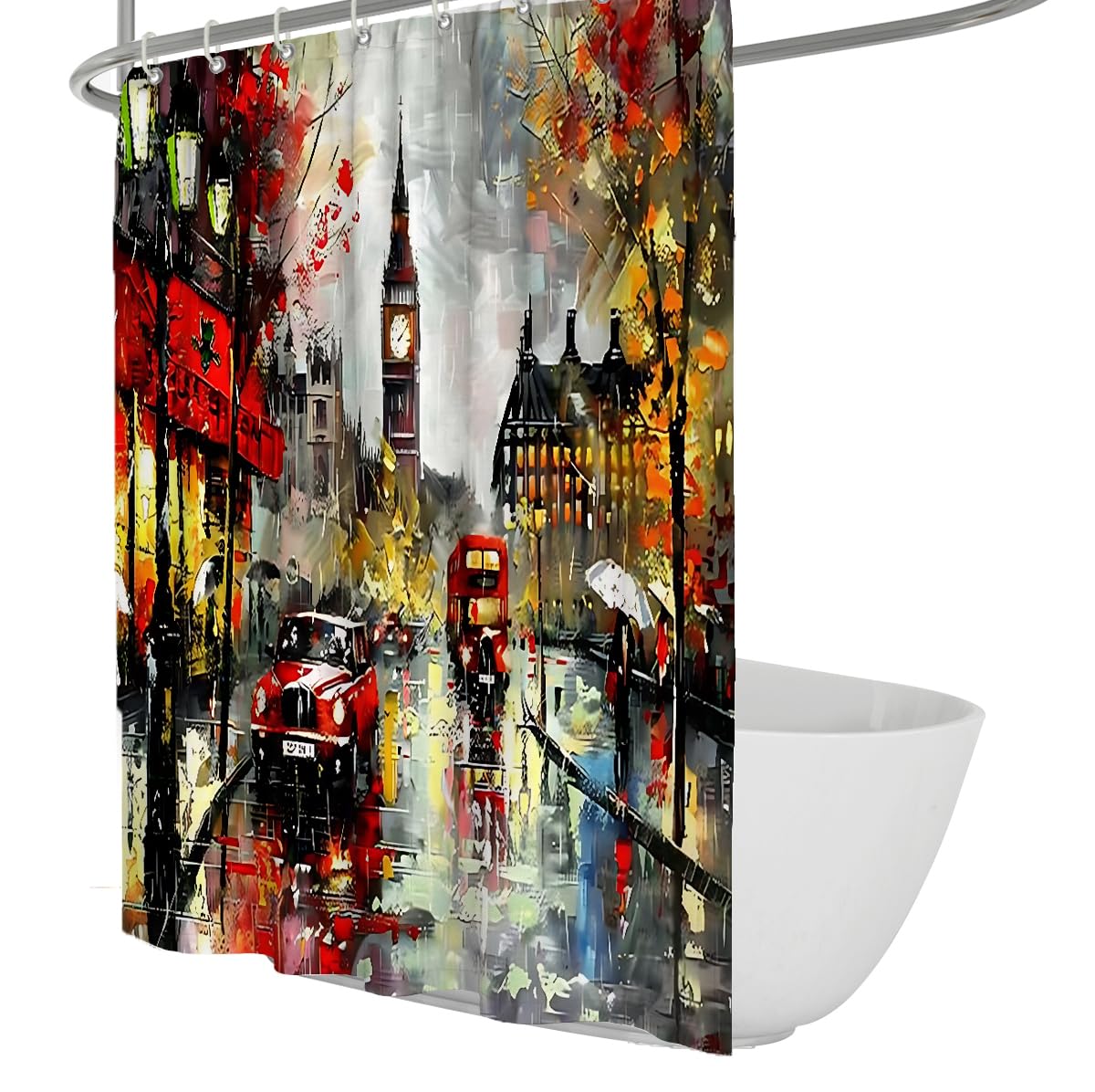 UERWOWELL Impressionist London Street Scene Bathroom Shower Curtain Vibrant Oil Painting Vintage Car Art Pattern Shower Curtain Romantic Bath Decor W120xL180 cm