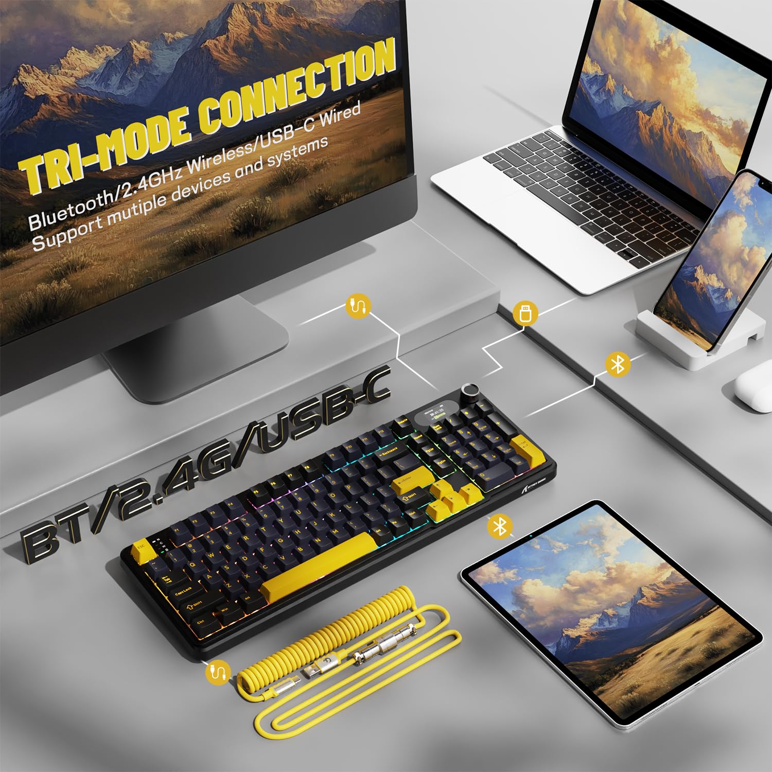 ATTACK SHARK X98PRO Gasket Tastiera da gioco meccanica, BT/2.4G Wireless/USB-C, schermo LED e manopola CNC, RGB Backlit, interruttore lineare hot-swap a 98 tasti, 4000mAh, per PC, MAC-Nero