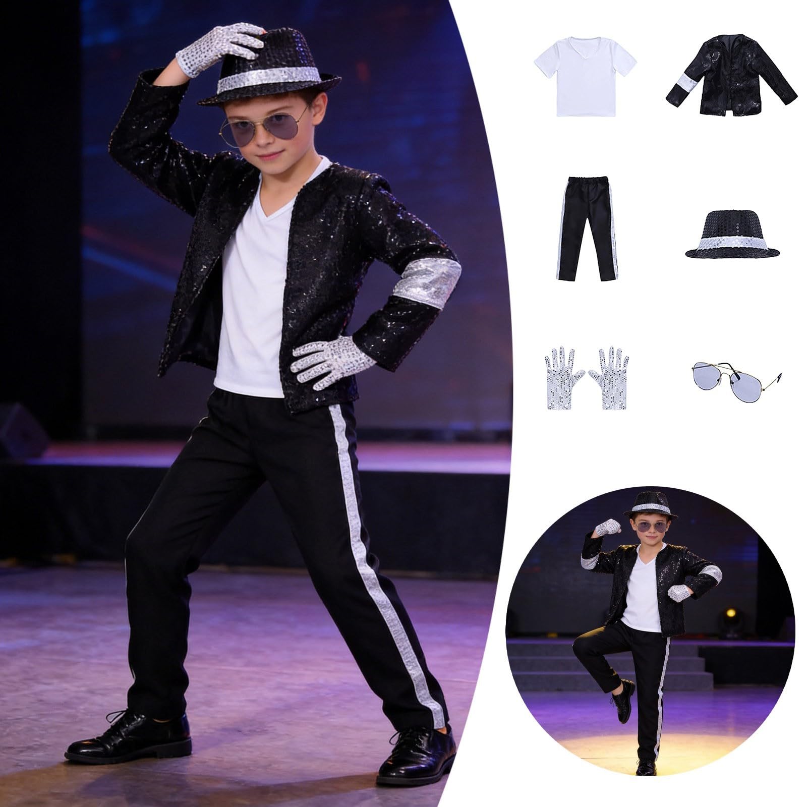 Generico Costume Pop Star Anni '80 '90 per Bambini Ragazzi 3-12 Anni, Set 5 Pezzi con Giacca Nera con Paillettes, Pantaloni, Cappello, Guanto – Spettacoli Halloween