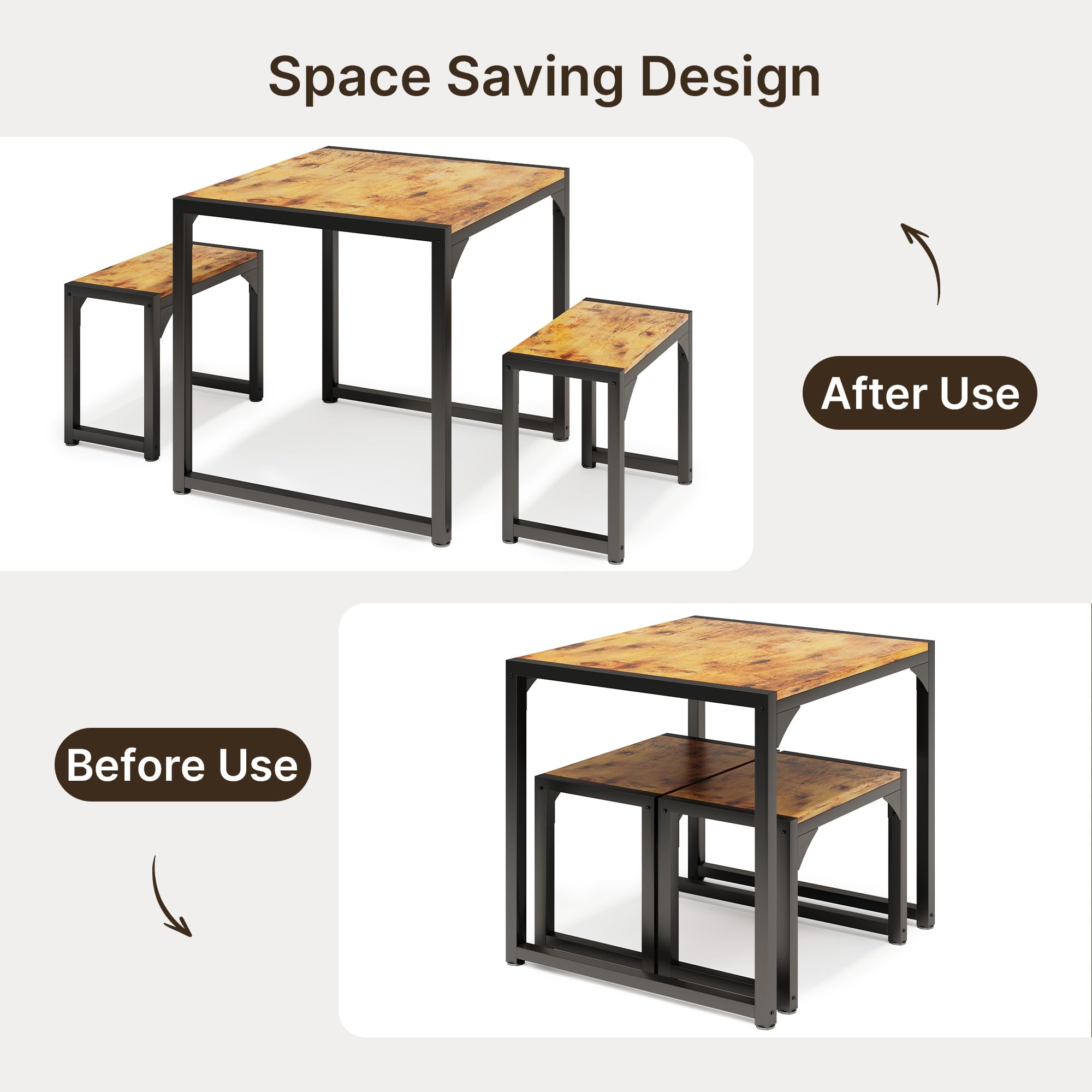 Esstisch mit 2 Bänken, 3-teiliges Esstisch-Set, Küchentisch 65x65x76cm, 2 Bänke je 30x50x45cm, kompaktes Esstisch-Set aus Metallrahmen für Küche & Esszimmer, Retro
