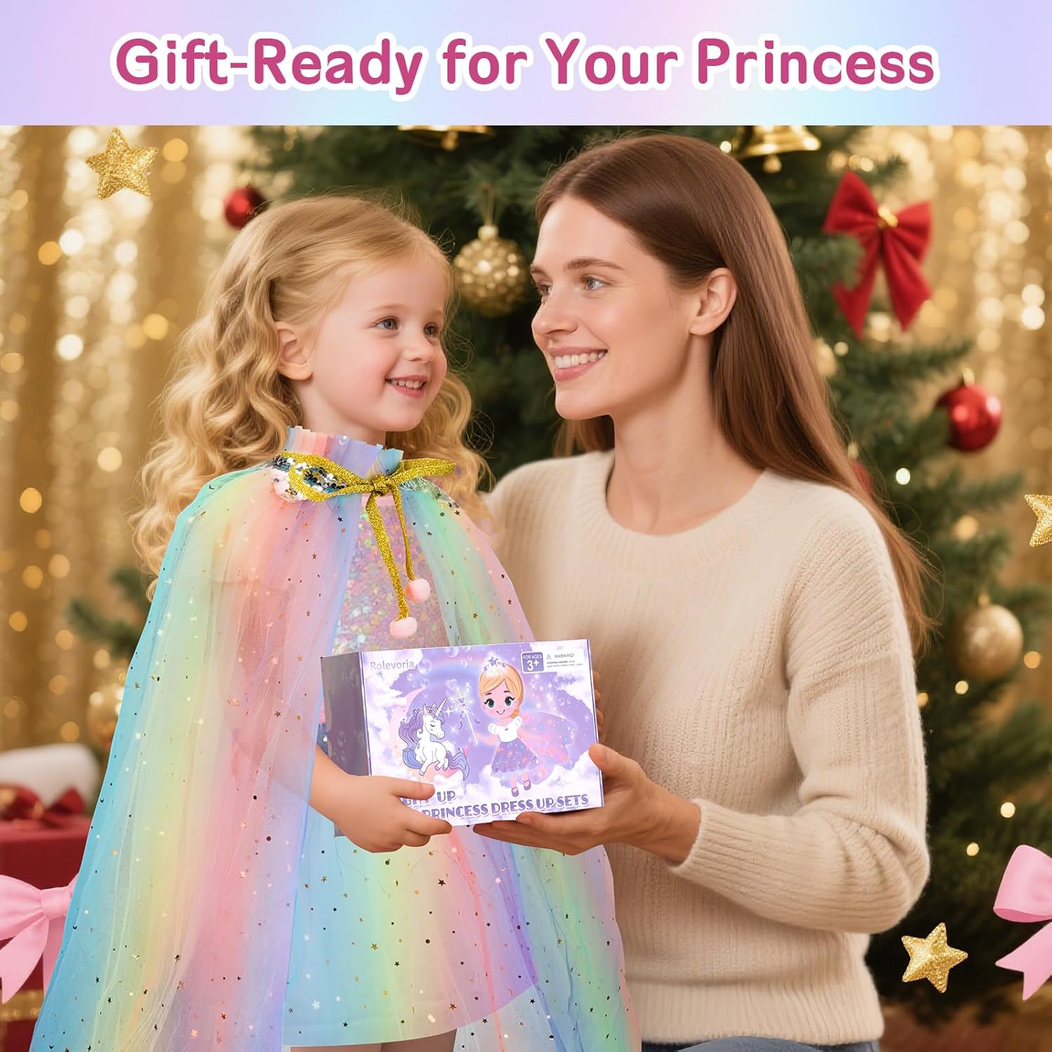 Princess Dress Up for Girls, Light Up Princess Costume Cape Set, Christmas Birthday Gifts Toy for Girls Age 3 4 5 6 - Image 5