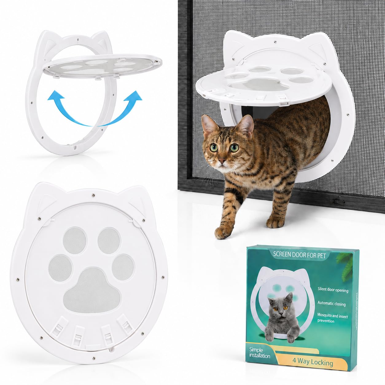 Chatière pour moustiquaire, chatière blanche, porte intérieure, porte magnétique, avec design automatique de pattes de chat, porte moustiquaire pour petit chat de taille moyenne