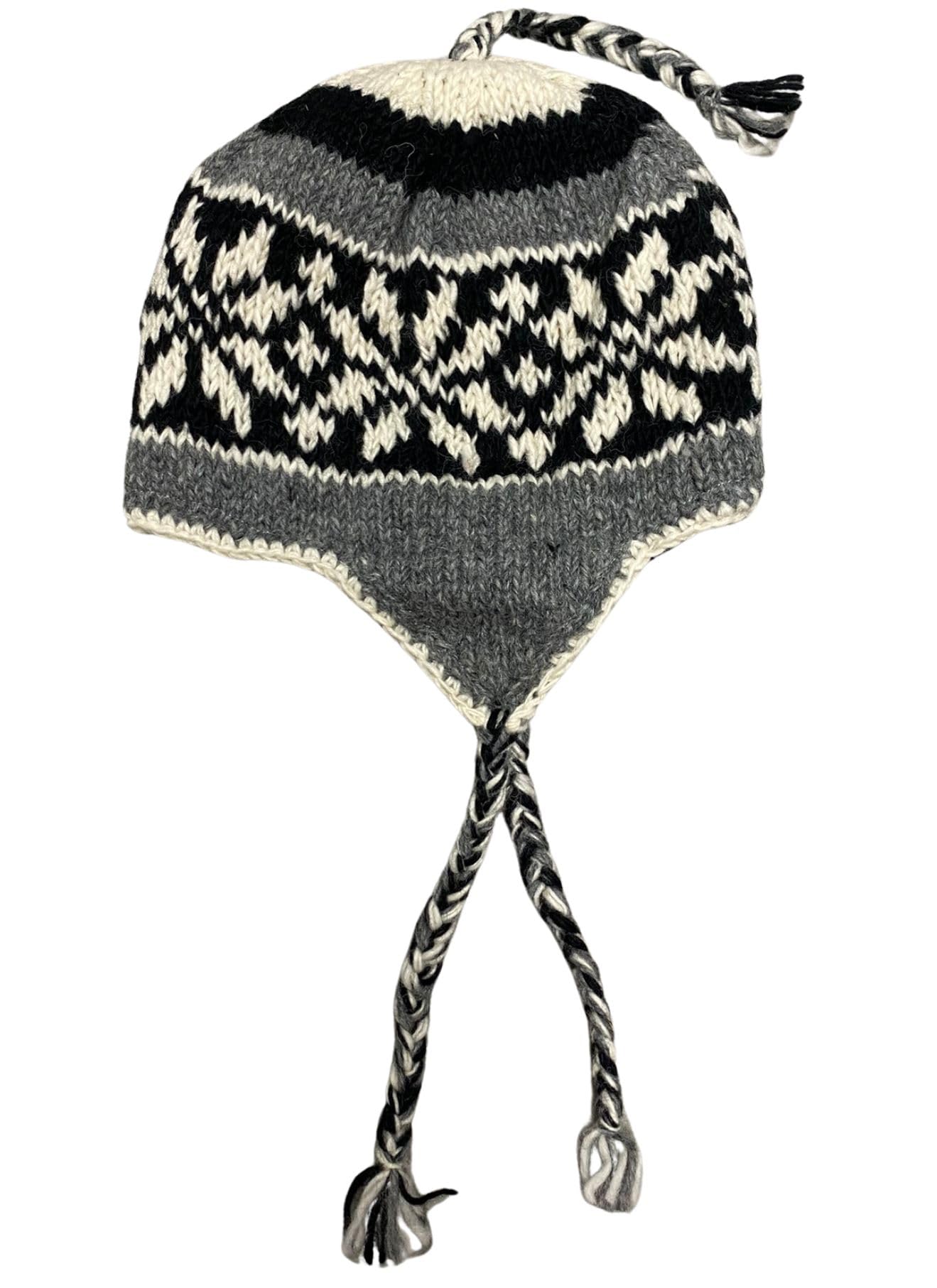 Wool Hand Knit Unisex Fleece Lined Ear Flap Beanie Sherpa Cap Hat Nepal, Gray Snowflake, M/L