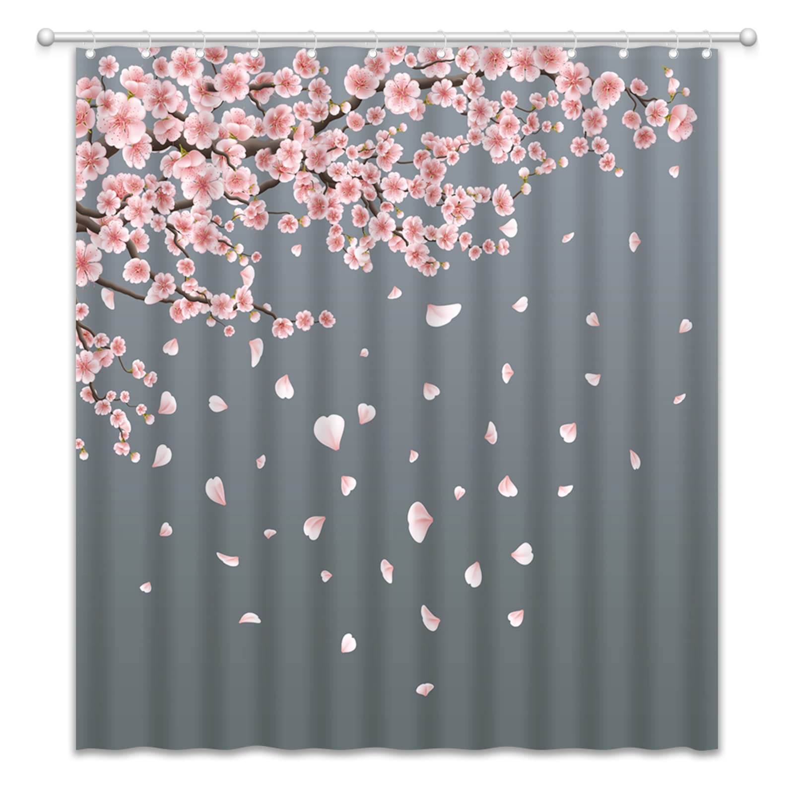 ZWSMZW Pink Cherry Shower Curtain Spring Flower Blooming Japanese Floral Asian Garden Falling Petals Grey Bathroom Decor Fabric Curtains with Hooks