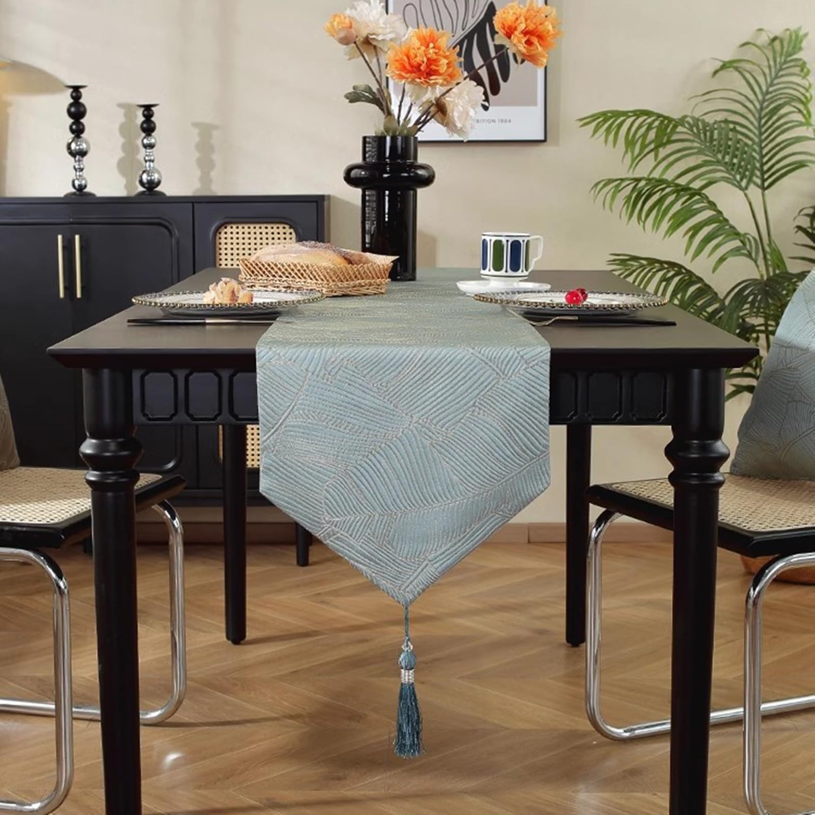 Tischläufer Landhausstil Polyester, Tischläufer Wohnzimmer 33x200 cm, Blättermuster mit Quasten