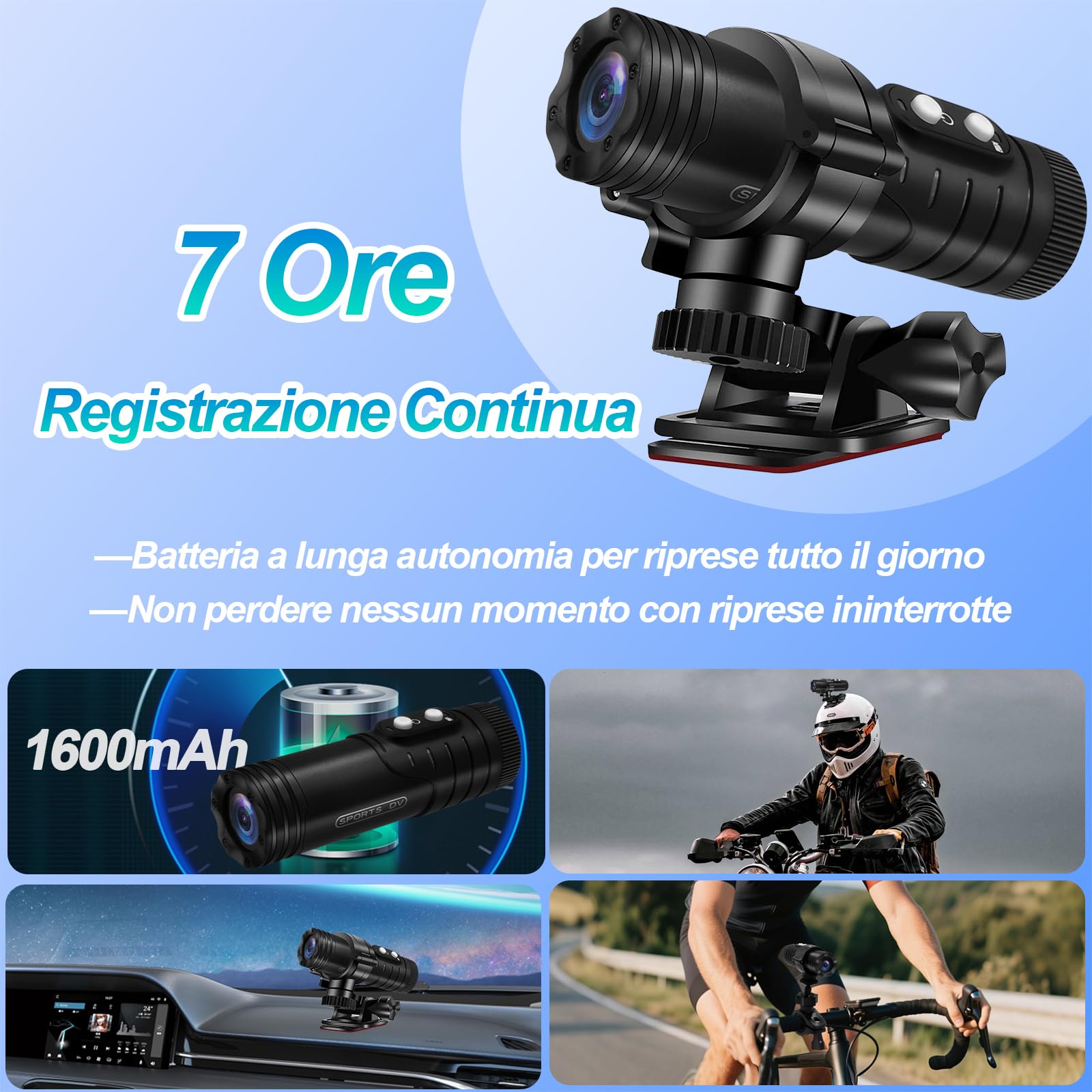 Action Cam Moto, WiFi Stabilizzazione Giroscopica Dash Cam Moto, 7 Ore di Registrazione 1080P HD e Grandangolo 120° Action Camera IP66 Impermeabile per Bici/Moto