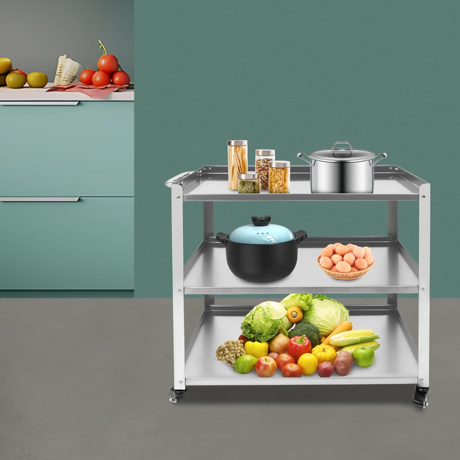 3 Tier Kitchen Trolley Cart Utility, 29in Rolling Kitchen Trolley Cart W/ 4 Wheels, Storage Serving Shelf, Load 300lbs for Transporting Restaurant Supplies, Dirty Dishes, Large Boxes.